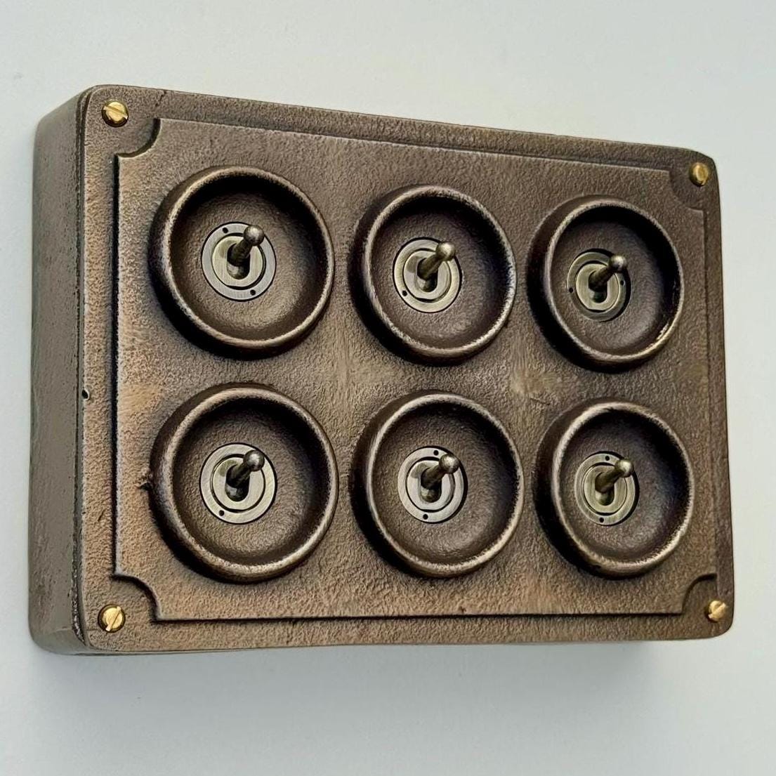 6 Gang 2 Way Antique Brass Solid Cast Metal Conduit Light Switch - Vintage Crabtree Style