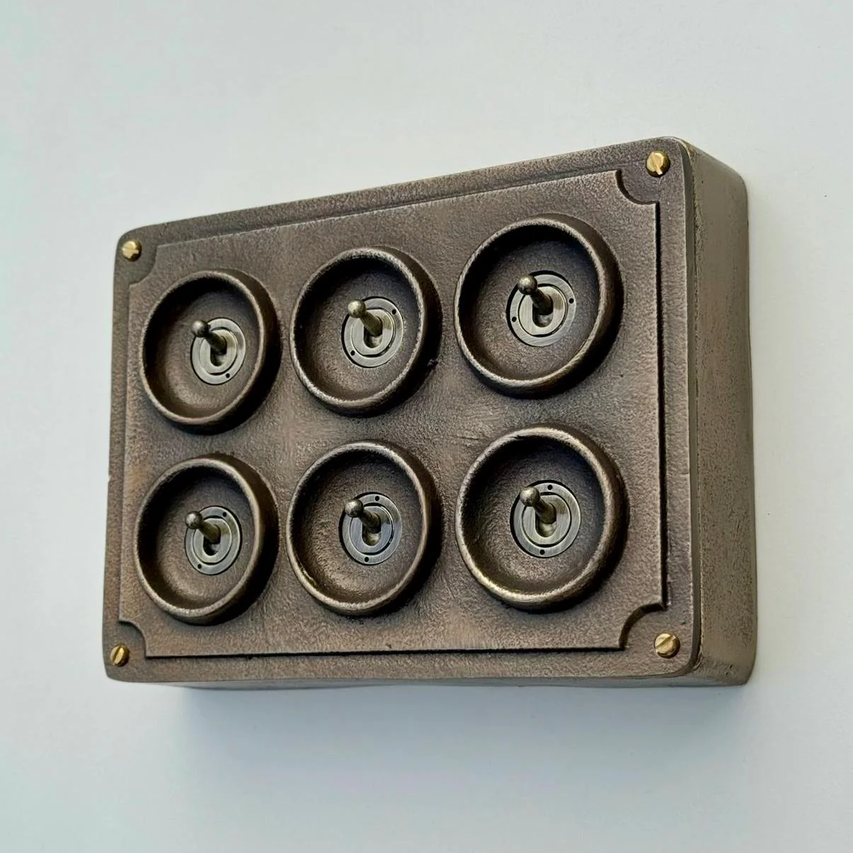 6 Gang 2 Way Antique Brass Solid Cast Metal Conduit Light Switch - Vintage Crabtree Style - Image 3