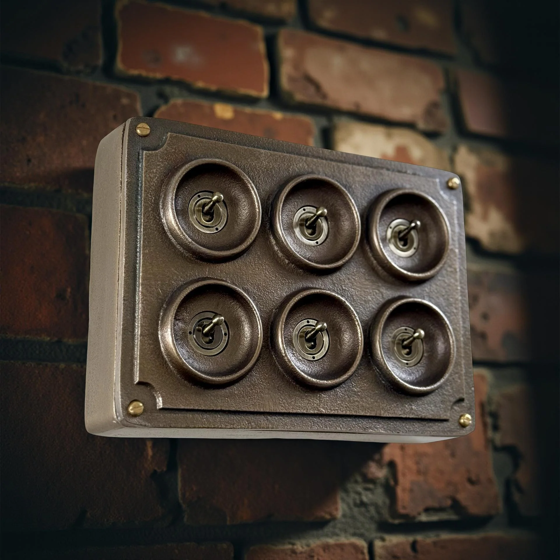 6 Gang 2 Way Antique Brass Solid Cast Metal Conduit Light Switch - Vintage Crabtree Style - Image 7