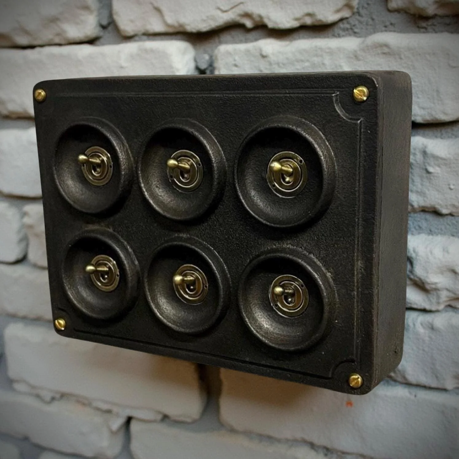 6 Gang 2 Way Matt Black Solid Cast Metal Conduit Light Switch Industrial - Image 3