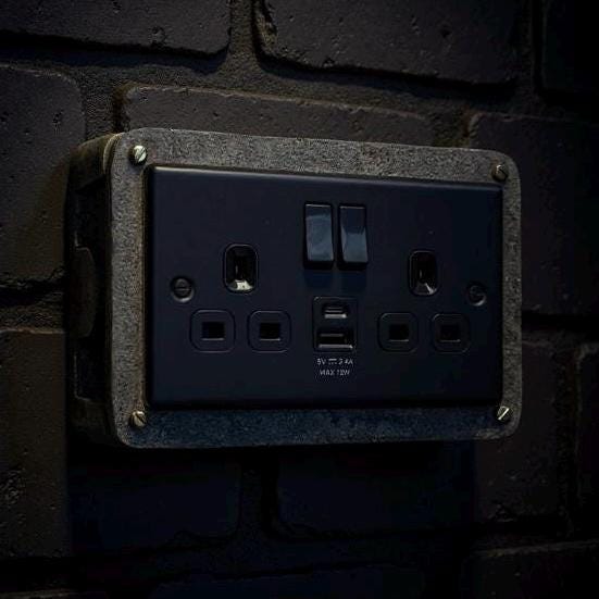 Matt Black Double Gang Plug Socket with Industrial Antique Brass Back Conduit Box - Image 10