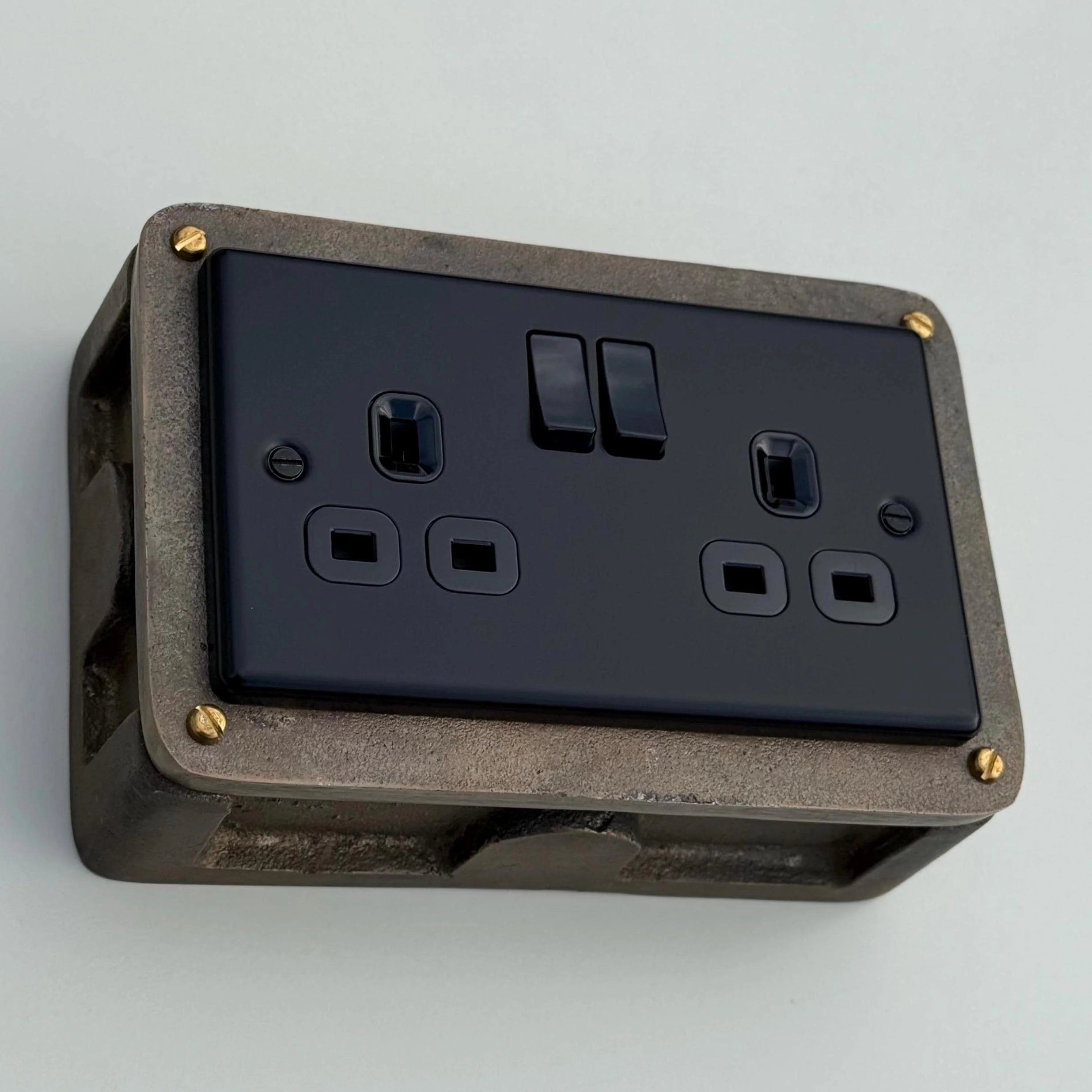 Matt Black Double Gang Plug Socket with Industrial Antique Brass Back Conduit Box - Image 8