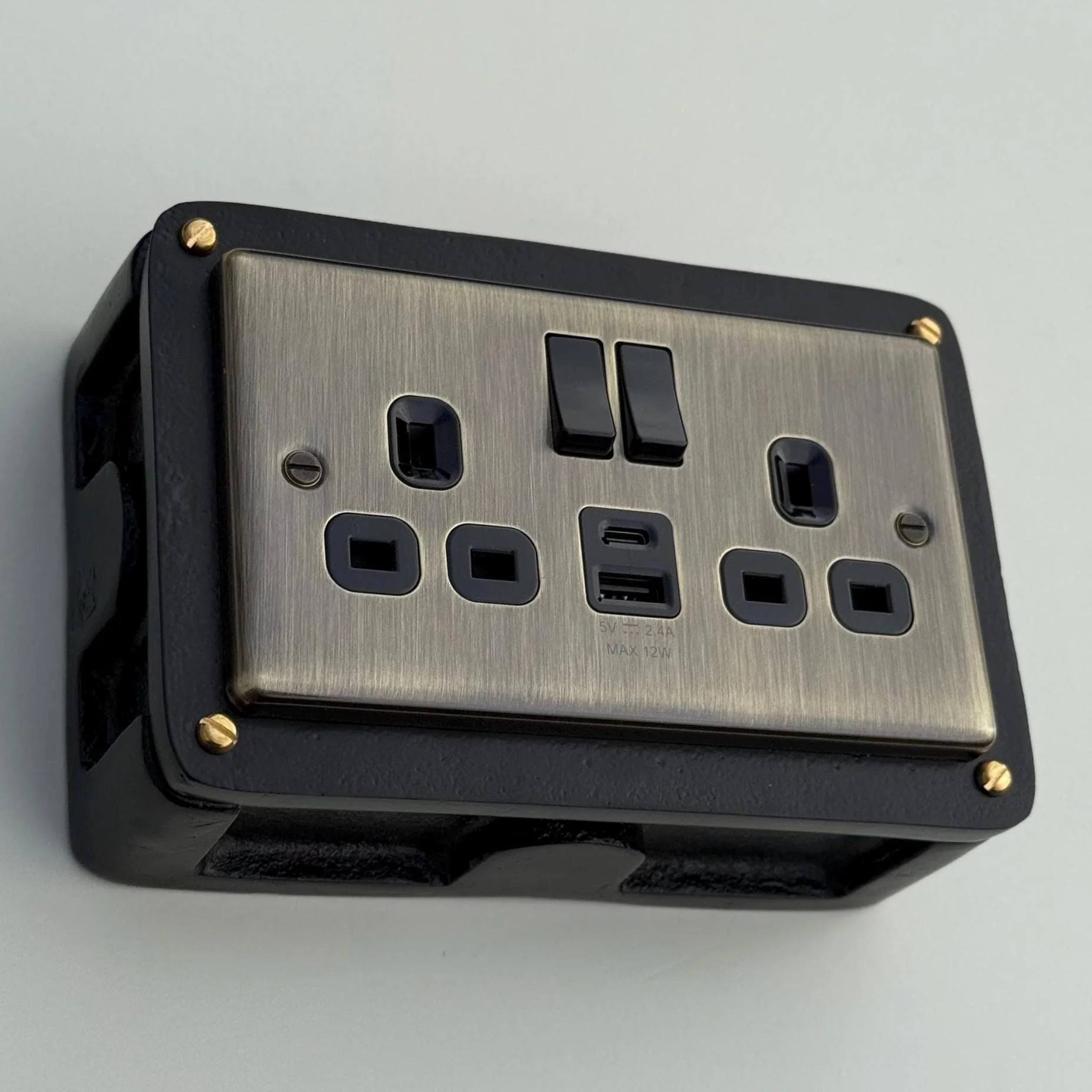 Antique Brass Double Gang Plug Socket with Industrial Black Cast Back Conduit Box - Image 3