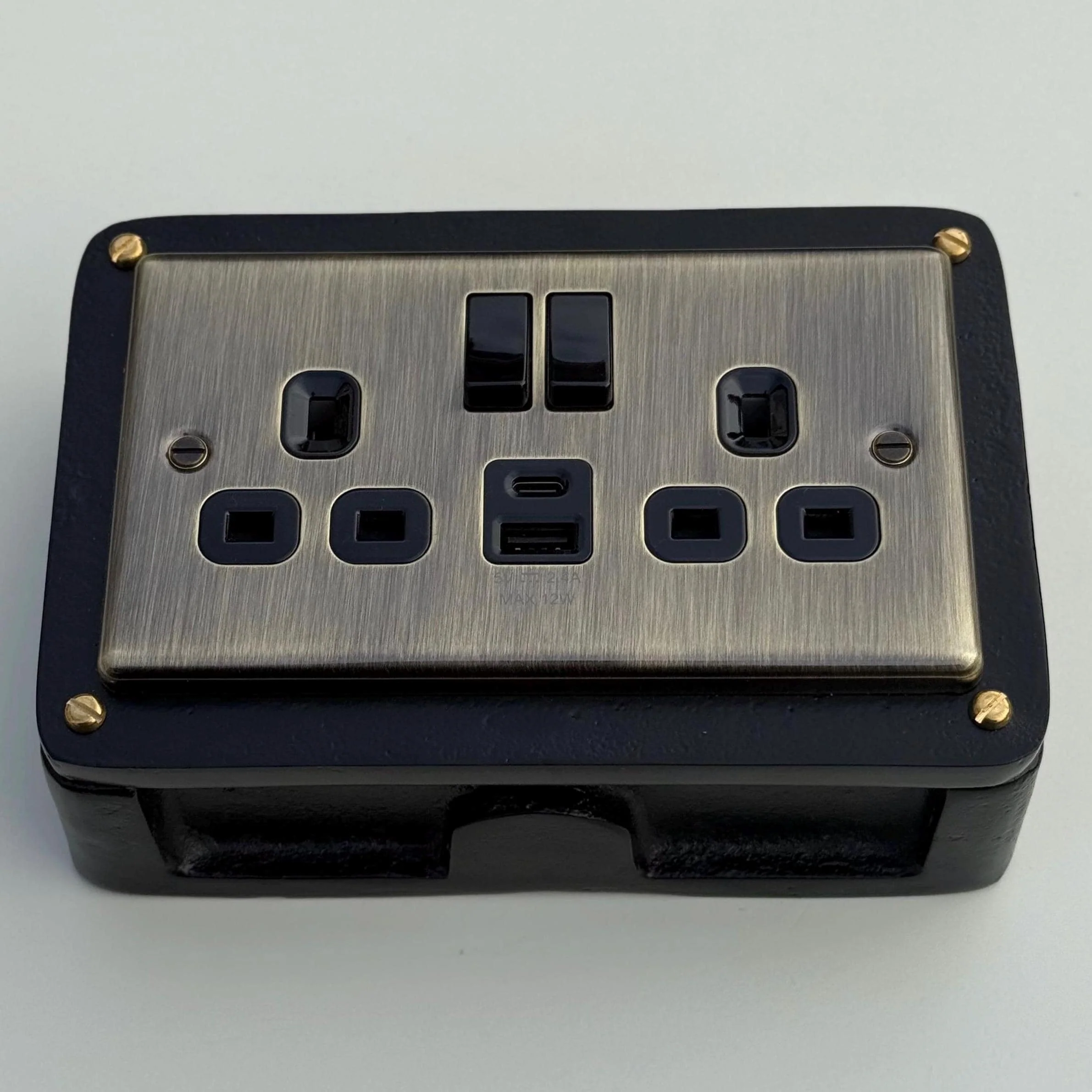 Antique Brass Double Gang Plug Socket with Industrial Black Cast Back Conduit Box - Image 4