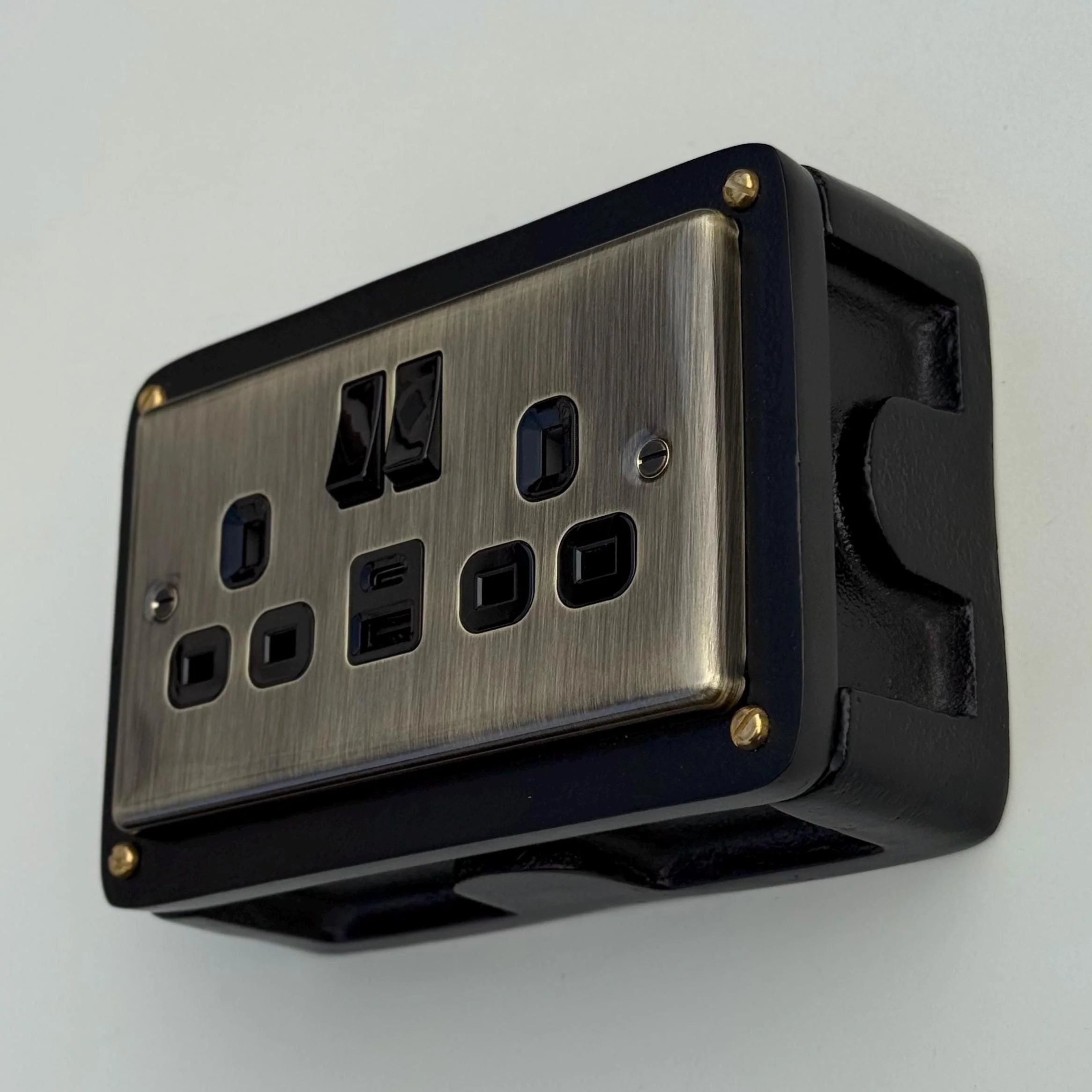 Antique Brass Double Gang Plug Socket with Industrial Black Cast Back Conduit Box - Image 5