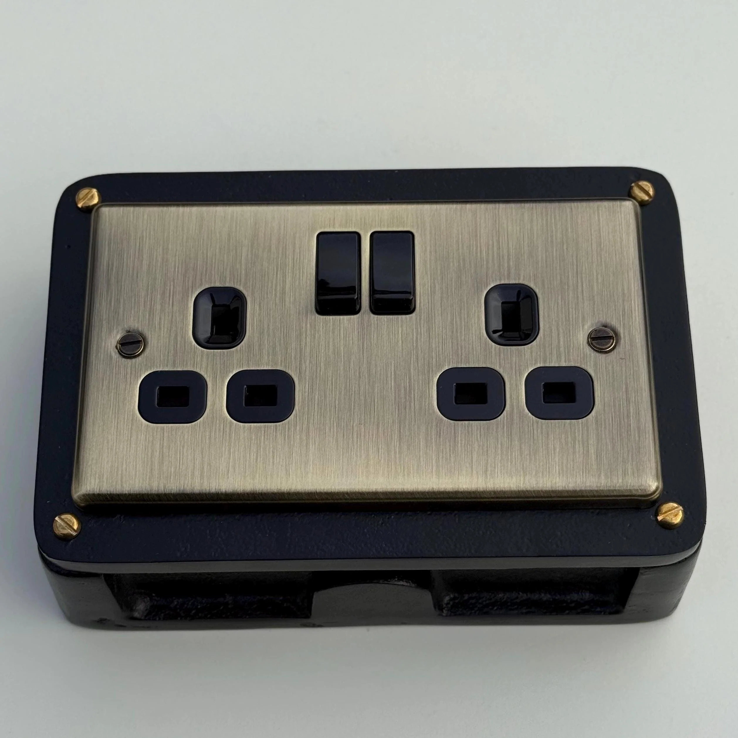 Antique Brass Double Gang Plug Socket with Industrial Black Cast Back Conduit Box - Image 6