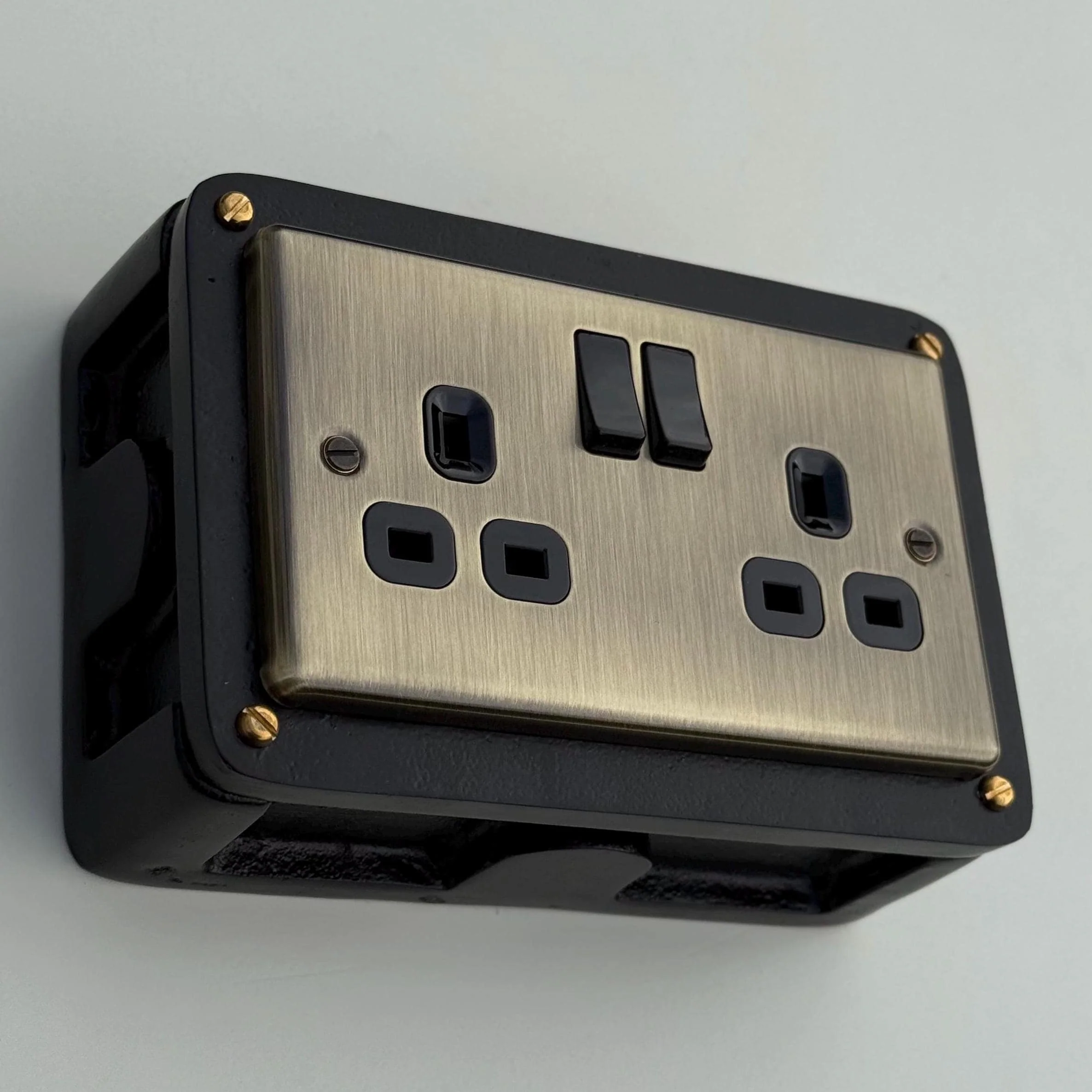 Antique Brass Double Gang Plug Socket with Industrial Black Cast Back Conduit Box - Image 7
