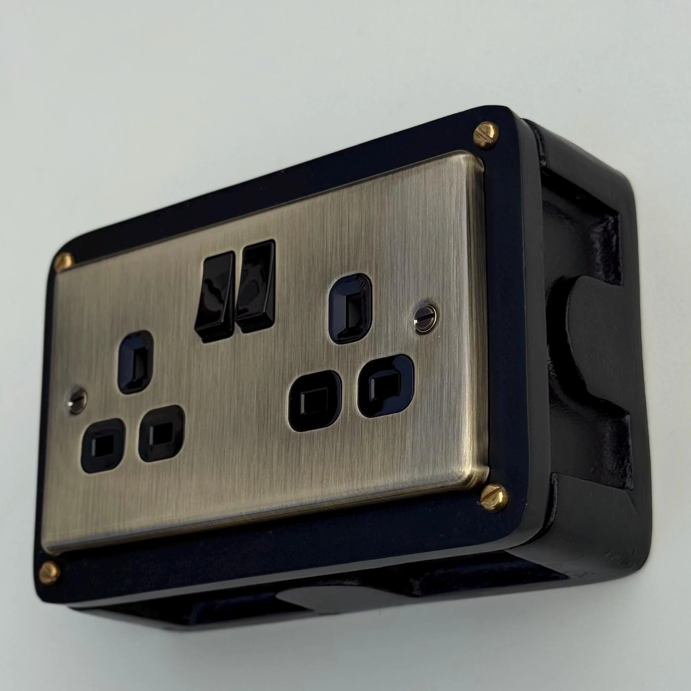 Antique Brass Double Gang Plug Socket with Industrial Black Cast Back Conduit Box - Image 8