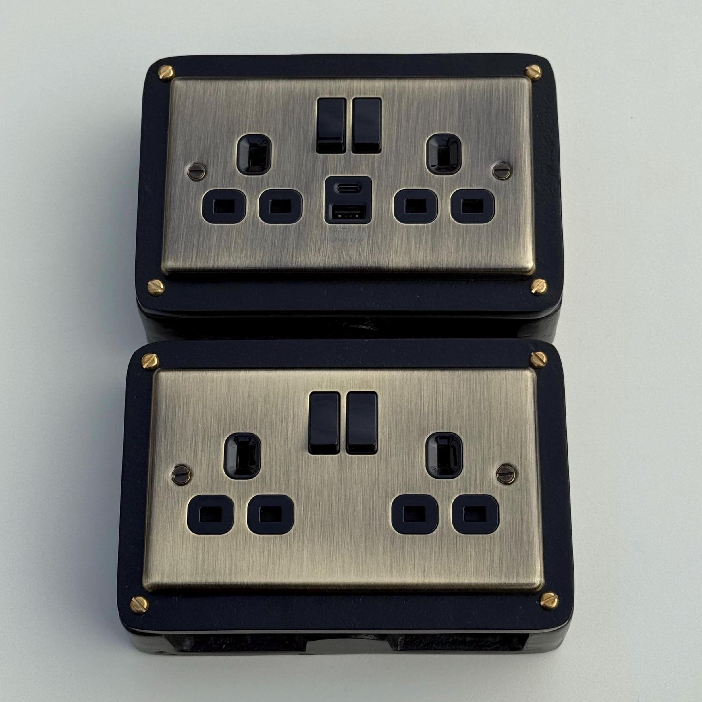 Antique Brass Double Gang Plug Socket with Industrial Black Cast Back Conduit Box - Image 9