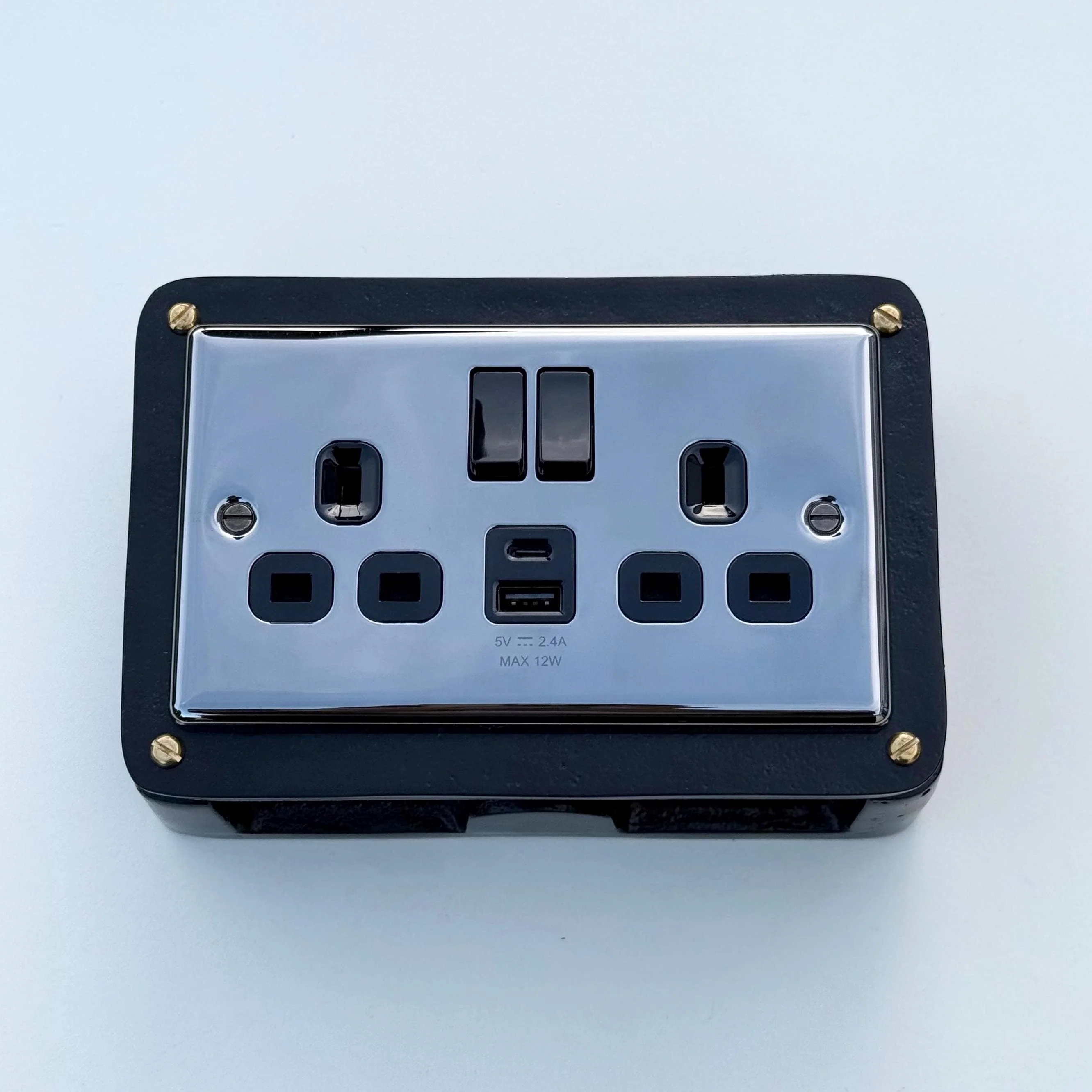 Black Double Switched Black Nickel Power Socket 230V 2 Gang Solid Cast Metal Conduit Switch - Image 3