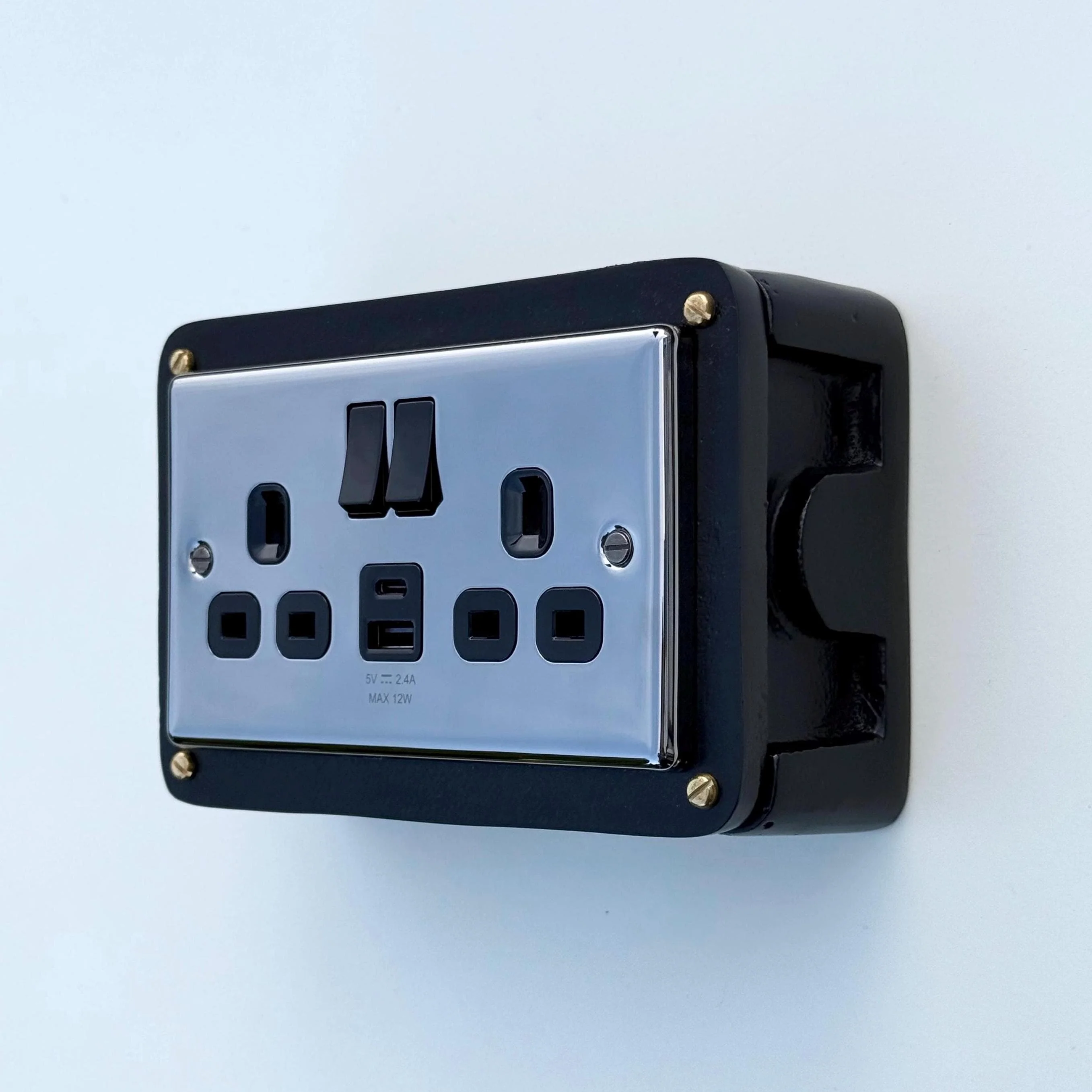 Black Double Switched Black Nickel Power Socket 230V 2 Gang Solid Cast Metal Conduit Switch - Image 4