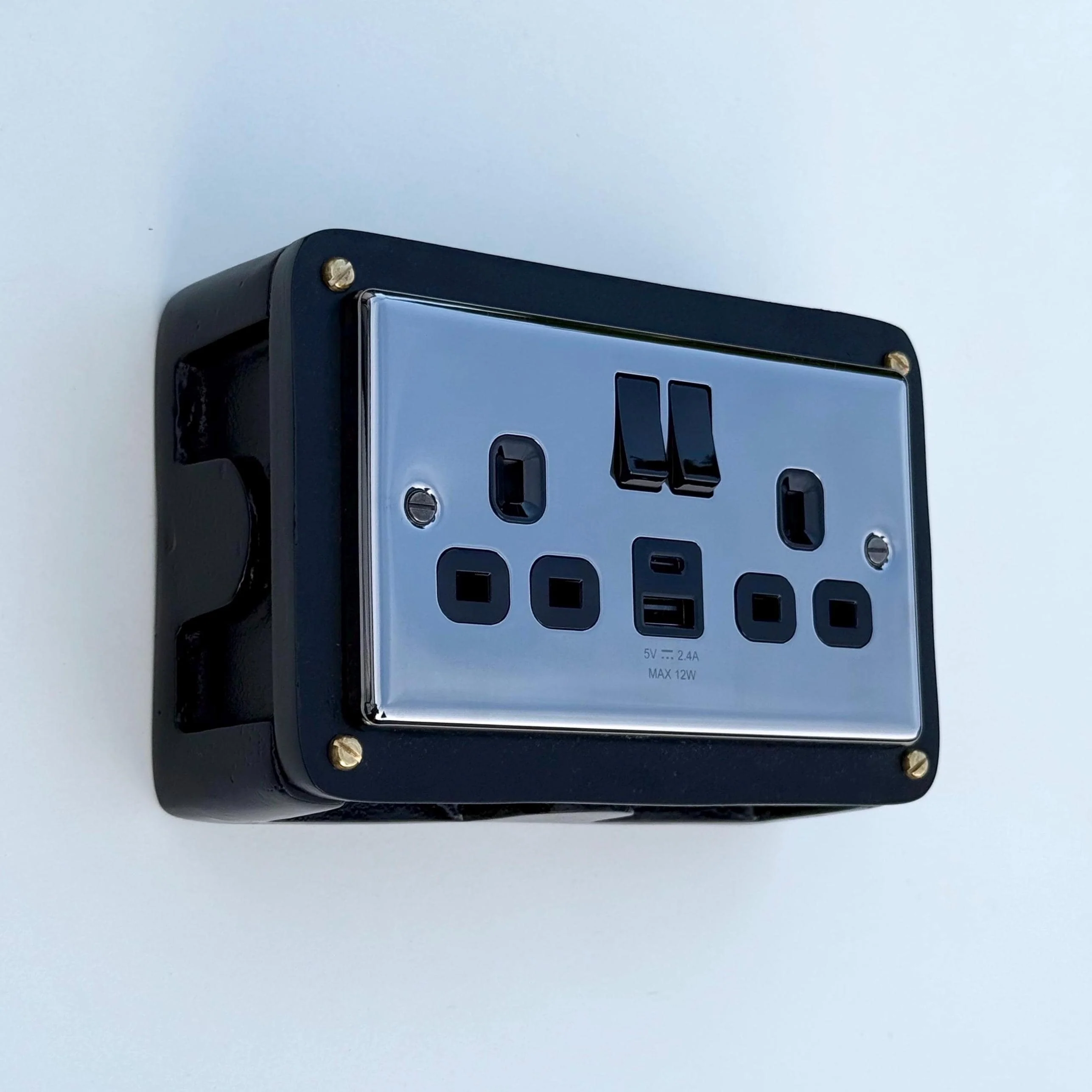 Black Double Switched Black Nickel Power Socket 230V 2 Gang Solid Cast Metal Conduit Switch - Image 5