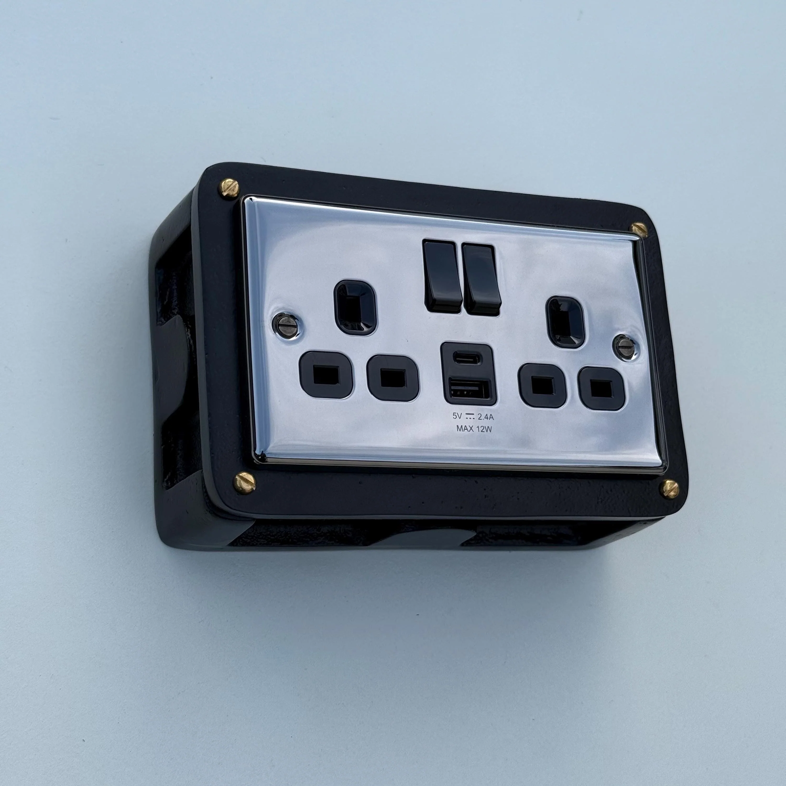 Black Double Switched Black Nickel Power Socket 230V 2 Gang Solid Cast Metal Conduit Switch - Image 6