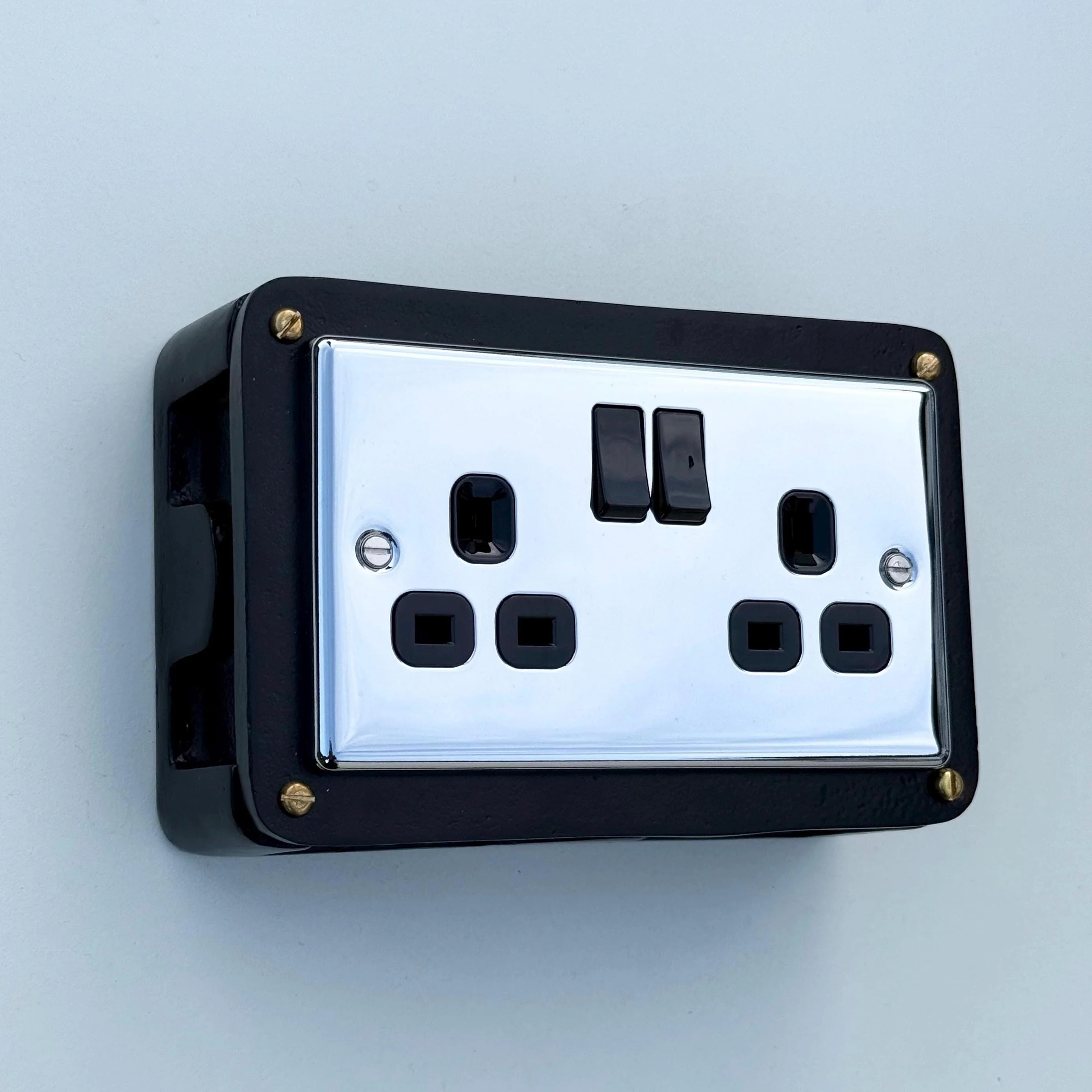 Black Double Switched Black Nickel Power Socket 230V 2 Gang Solid Cast Metal Conduit Switch - Image 7