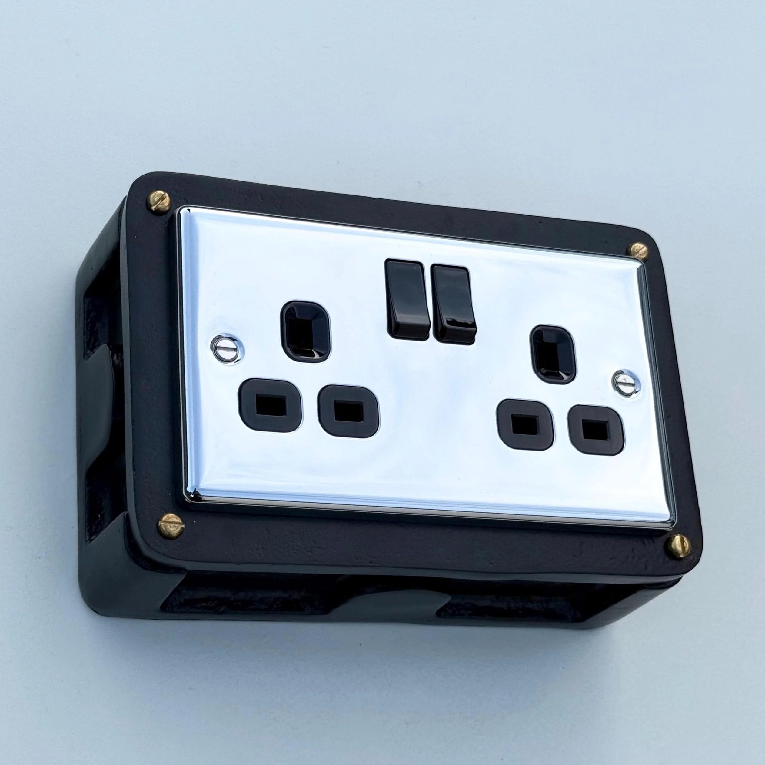 Black Double Switched Black Nickel Power Socket 230V 2 Gang Solid Cast Metal Conduit Switch - Image 8