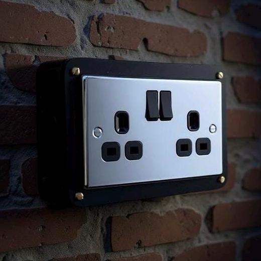 Black Double Switched Black Nickel Power Socket 230V 2 Gang Solid Cast Metal Conduit Switch - Image 9