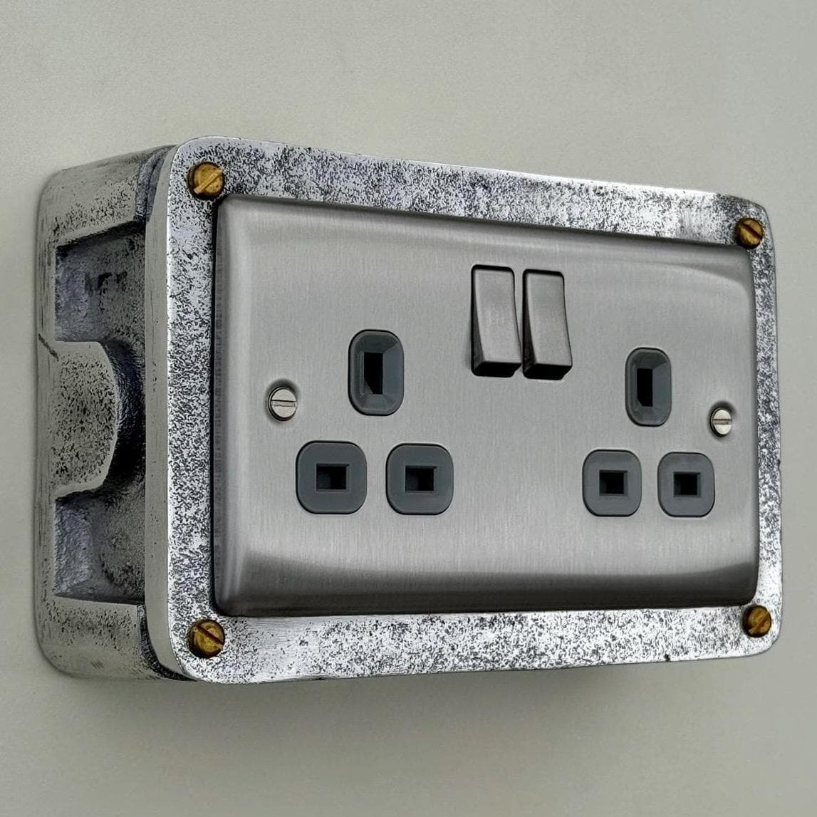Brushed Steel Double Switched 13A Power Socket Grey Insert 230V 2 Gang 2G Socket Cast Metal Conduit Industrial - Image 5