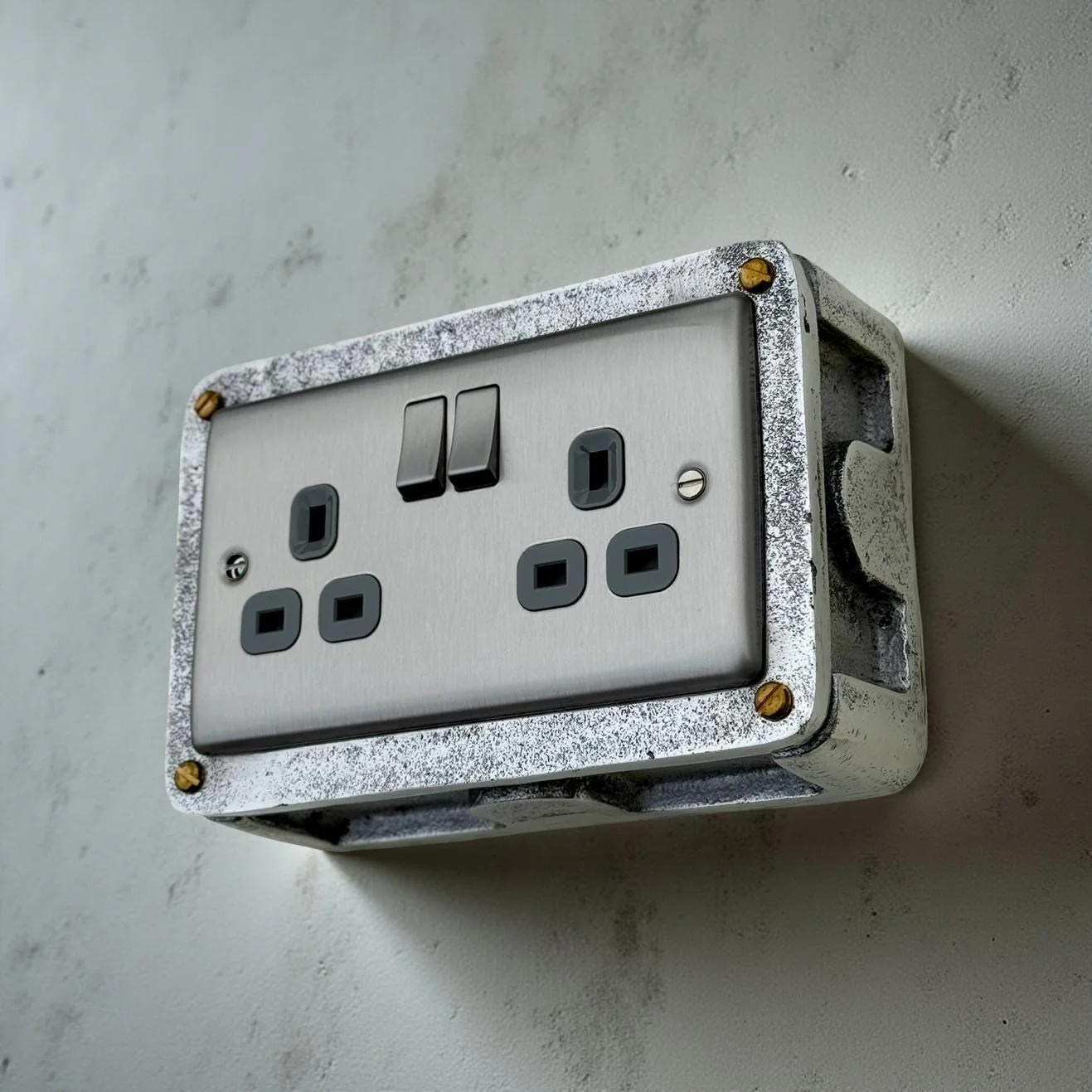 Brushed Steel Double Switched 13A Power Socket Grey Insert 230V 2 Gang 2G Socket Cast Metal Conduit Industrial - Image 7