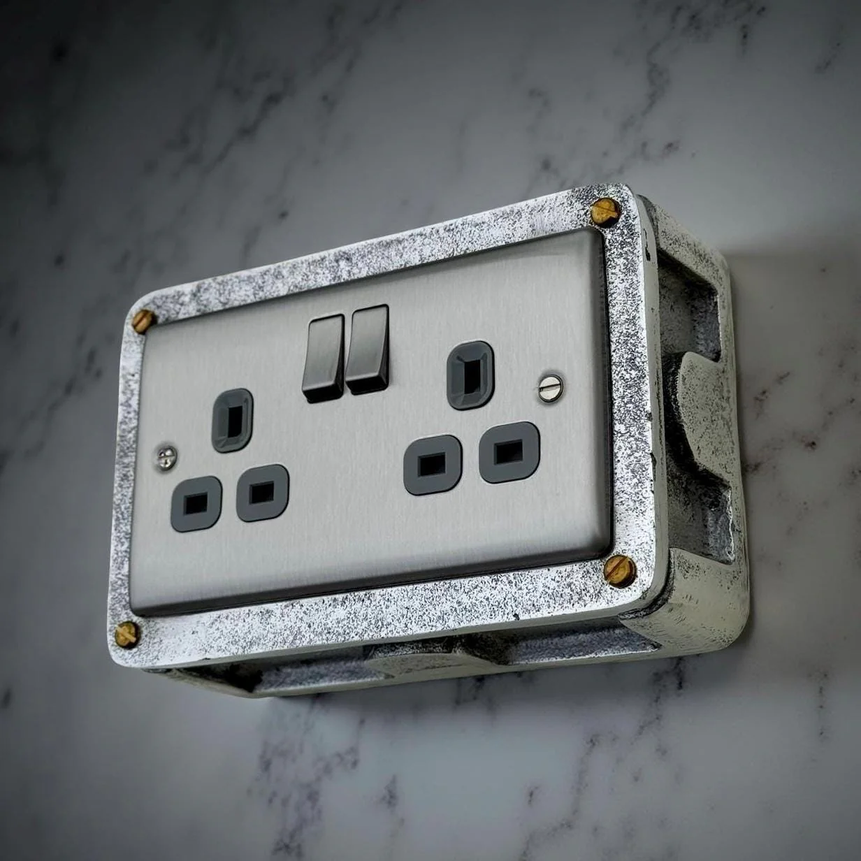 Brushed Steel Double Switched 13A Power Socket Grey Insert 230V 2 Gang 2G Socket Cast Metal Conduit Industrial - Image 8