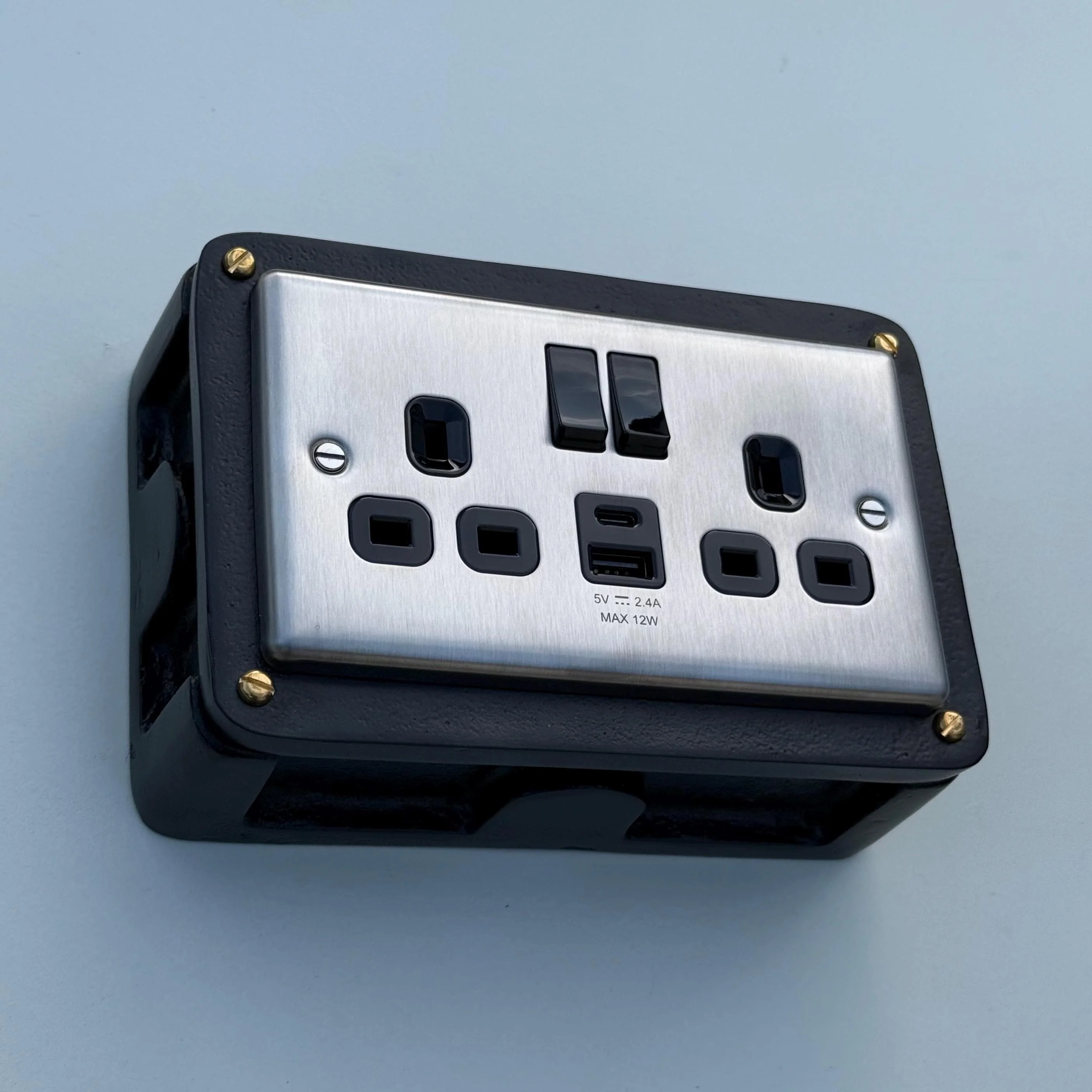 Brushed Steel Double Switched Solid Black Cast Metal Conduit 2-Gang Socket + 2.4A 12W 2 Outlet Type A & C USB Charger - Image 3