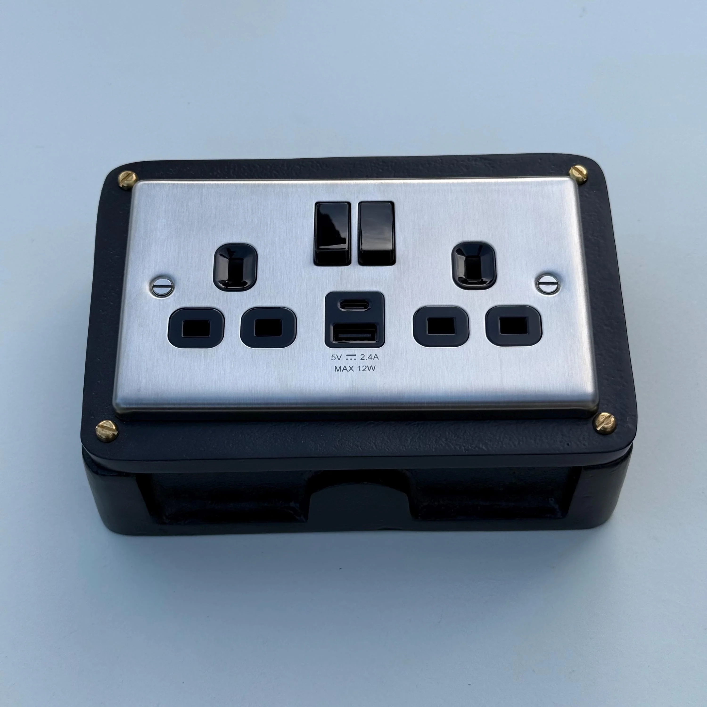 Brushed Steel Double Switched Solid Black Cast Metal Conduit 2-Gang Socket + 2.4A 12W 2 Outlet Type A & C USB Charger - Image 4