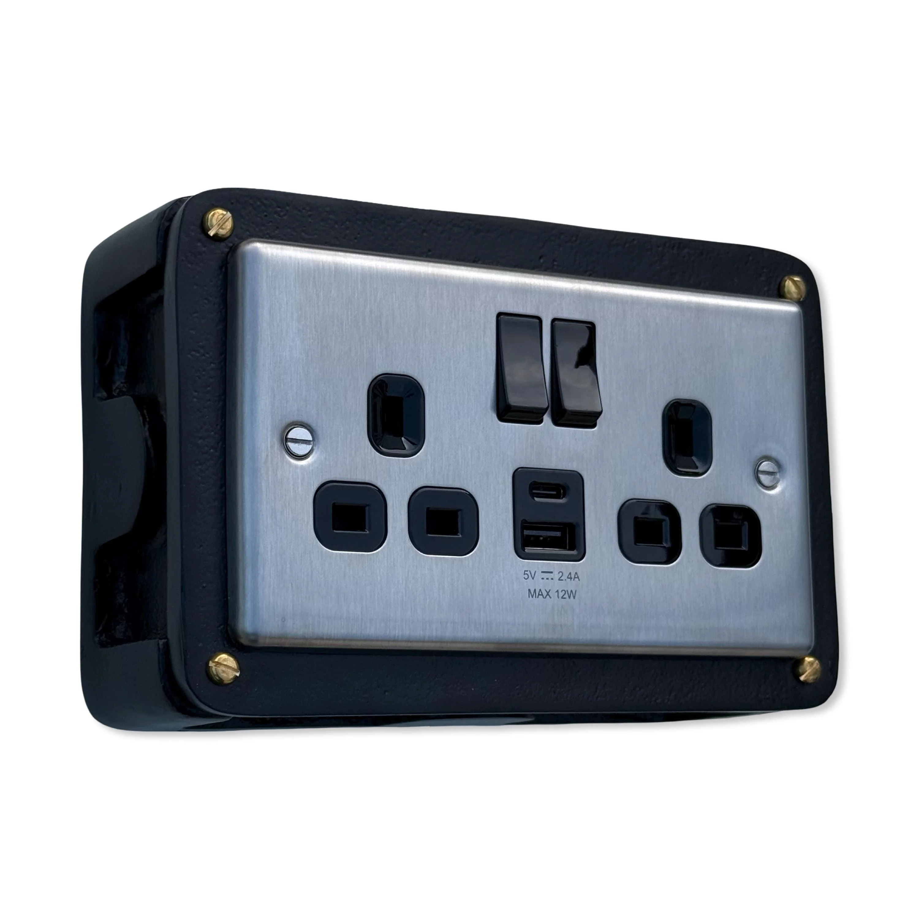 Brushed Steel Double Switched Solid Black Cast Metal Conduit 2-Gang Socket + 2.4A 12W 2 Outlet Type A & C USB Charger - Image 8