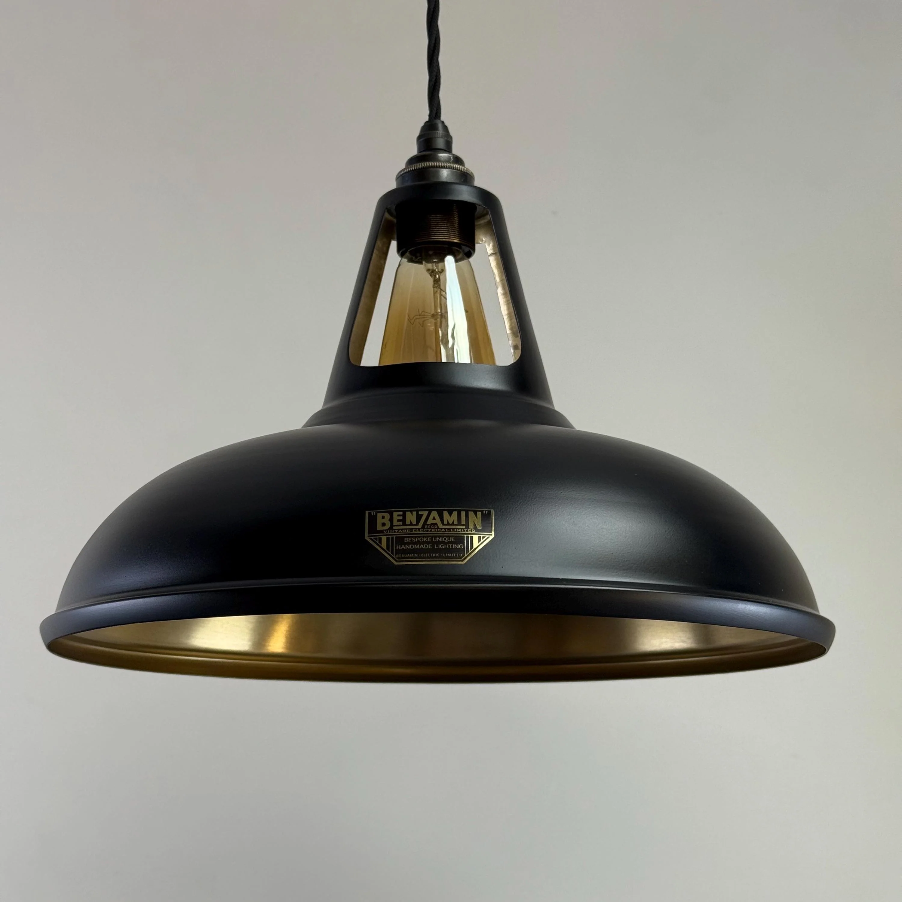 Cawston XL ~ Matt Black & Antique Brass Lampshade Slotted Design Pendant Ceiling Light ~ 14 Inch - Image 6