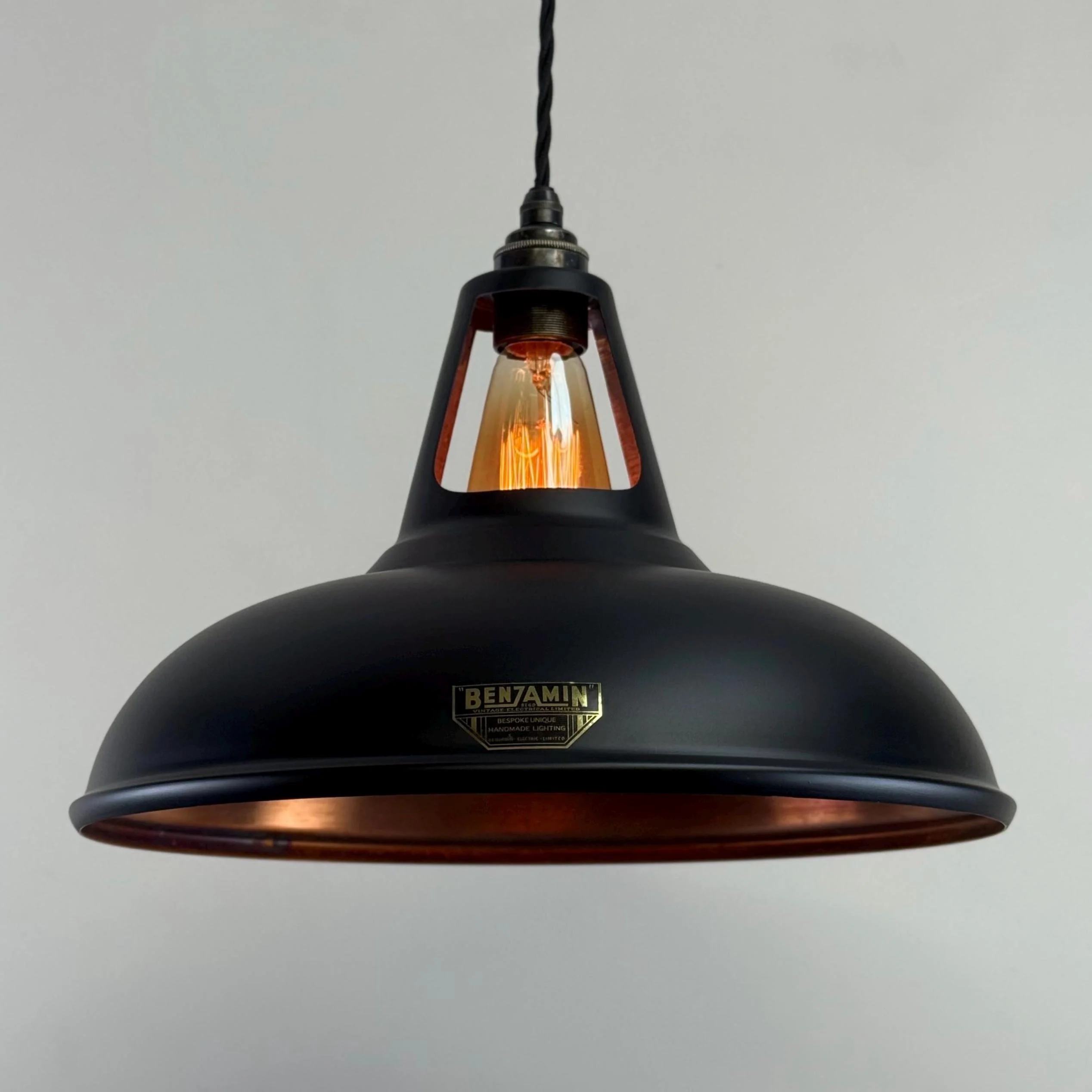 Cawston XL ~ Matt Black & Antique Copper Lampshade Slotted Design Pendant Light ~ 14 Inch