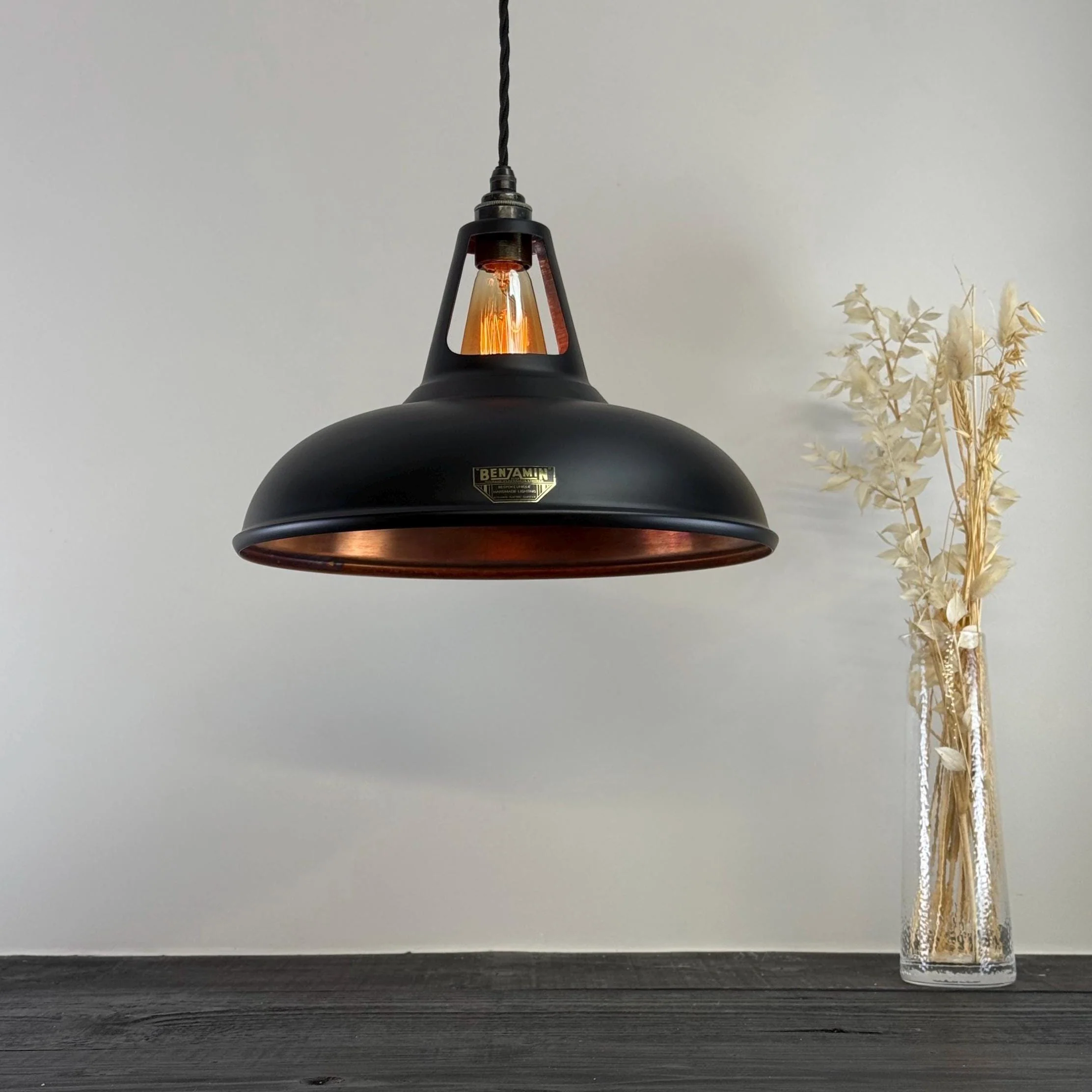 Cawston XL ~ Matt Black & Antique Copper Lampshade Slotted Design Pendant Light ~ 14 Inch - Image 2