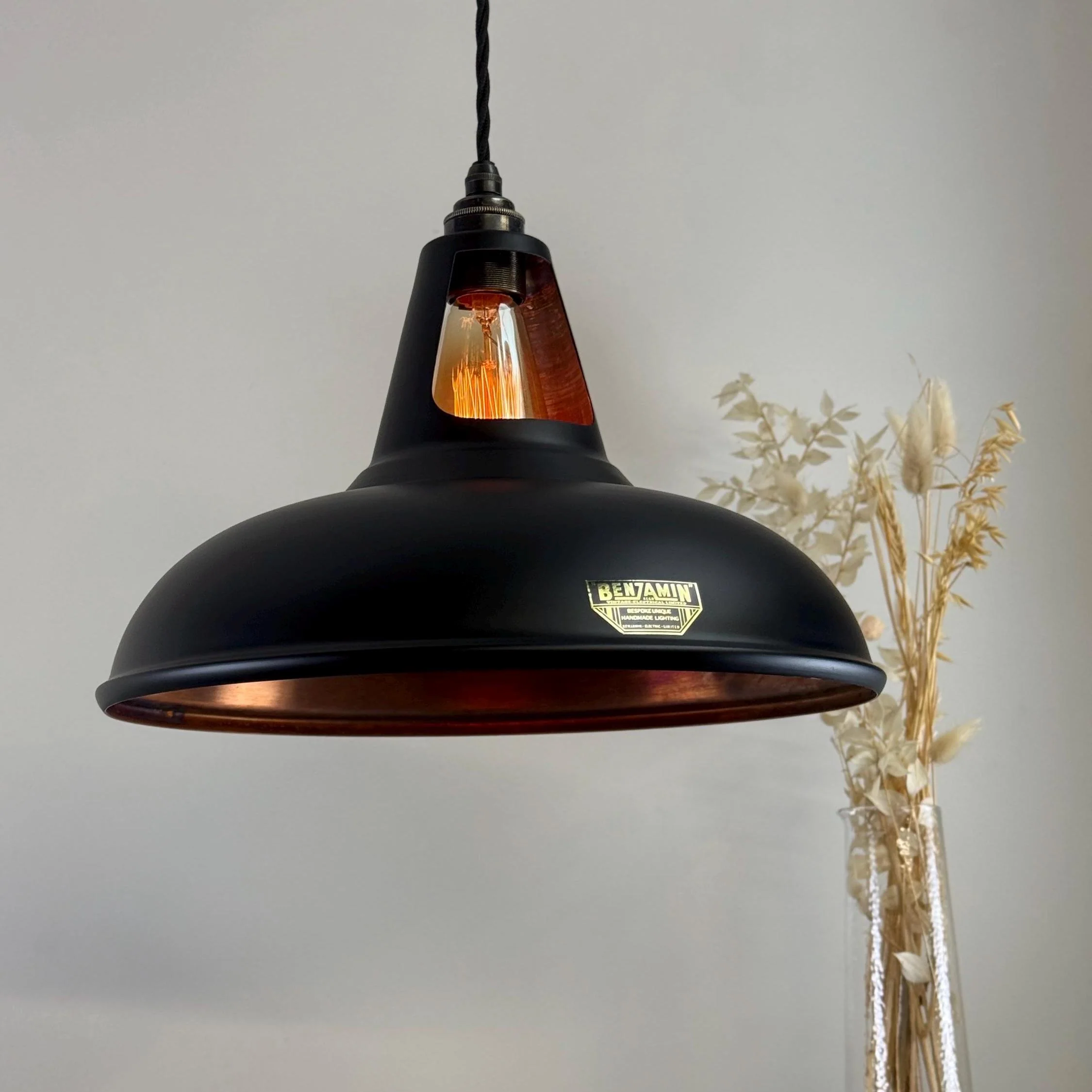 Cawston XL ~ Matt Black & Antique Copper Lampshade Slotted Design Pendant Light ~ 14 Inch - Image 3