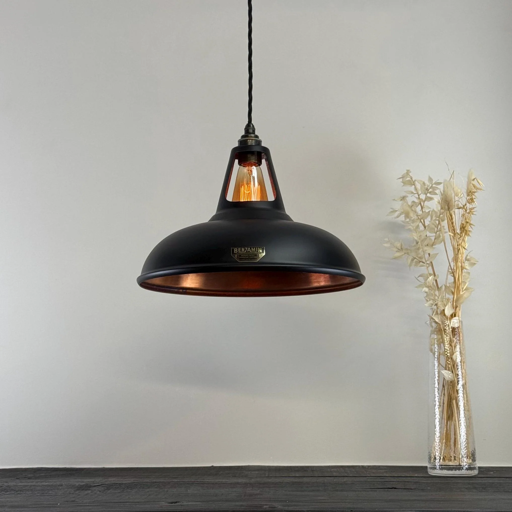 Cawston XL ~ Matt Black & Antique Copper Lampshade Slotted Design Pendant Light ~ 14 Inch - Image 4