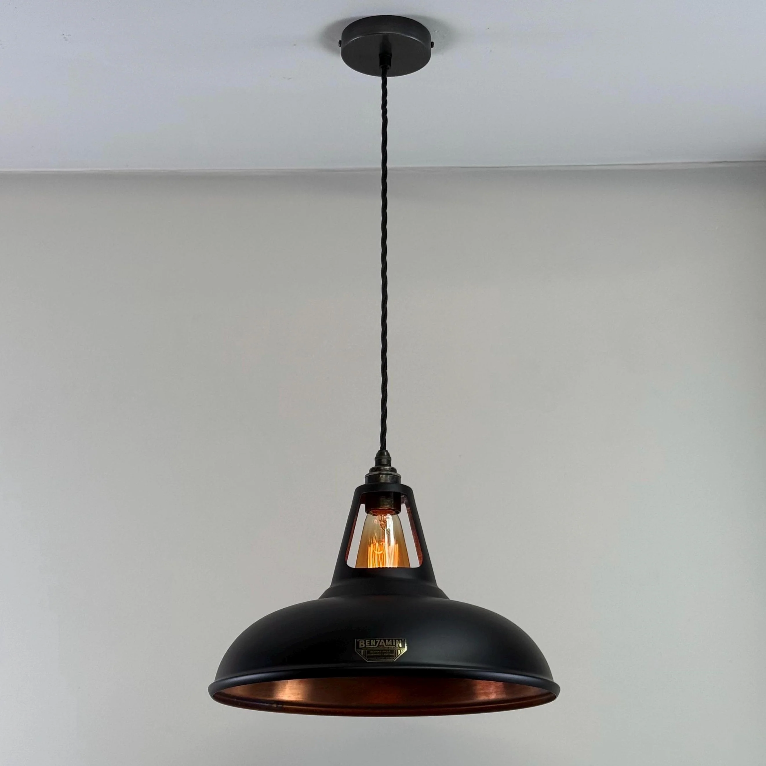 Cawston XL ~ Matt Black & Antique Copper Lampshade Slotted Design Pendant Light ~ 14 Inch - Image 5