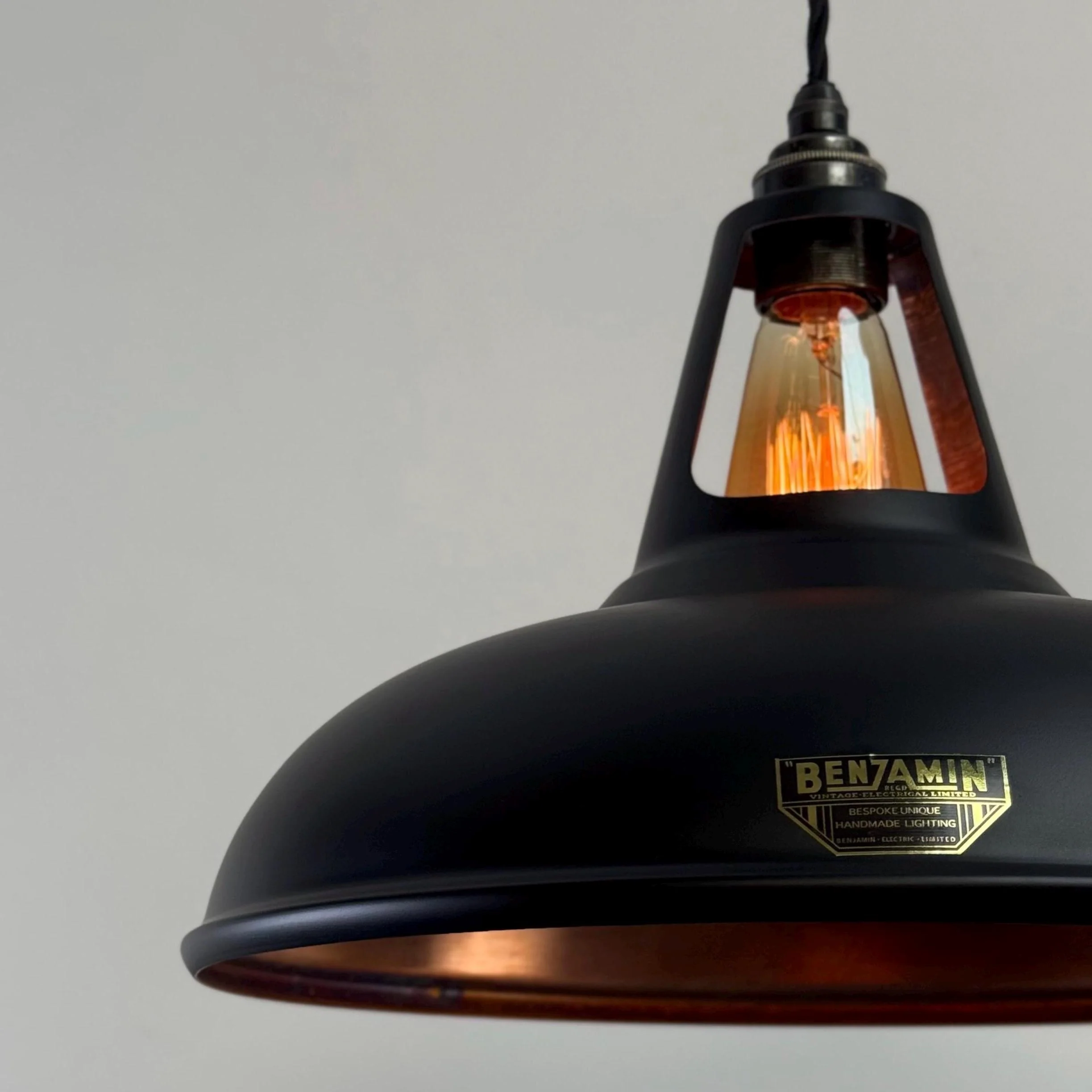 Cawston XL ~ Matt Black & Antique Copper Lampshade Slotted Design Pendant Light ~ 14 Inch - Image 6