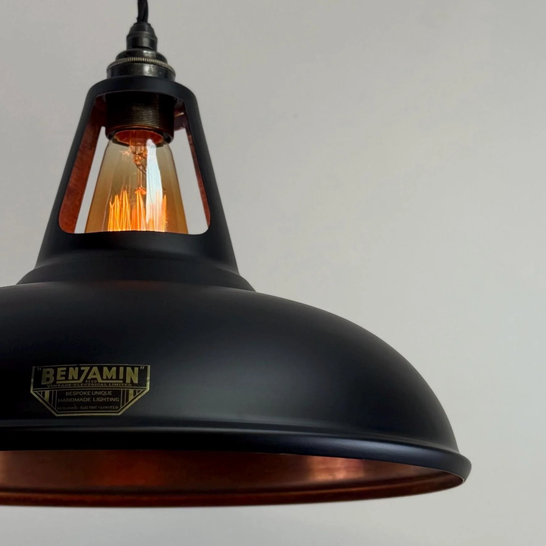 Cawston XL ~ Matt Black & Antique Copper Lampshade Slotted Design Pendant Light ~ 14 Inch - Image 8