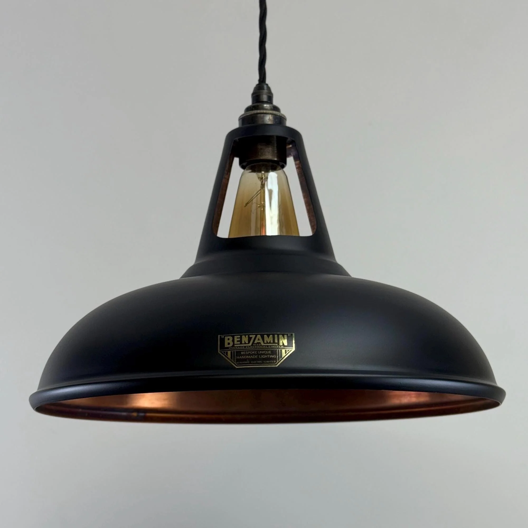 Cawston XL ~ Matt Black & Antique Copper Lampshade Slotted Design Pendant Light ~ 14 Inch - Image 9