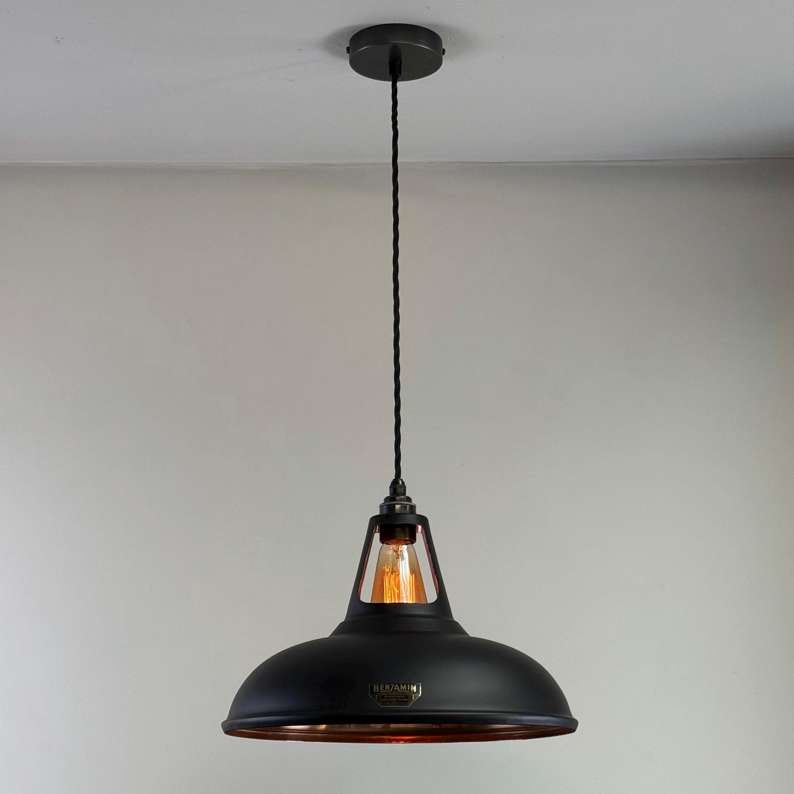 Cawston XL ~ Matt Black & Solid Copper Lampshade Slotted Design Pendant Ceiling Light ~ 14 Inch - Image 4