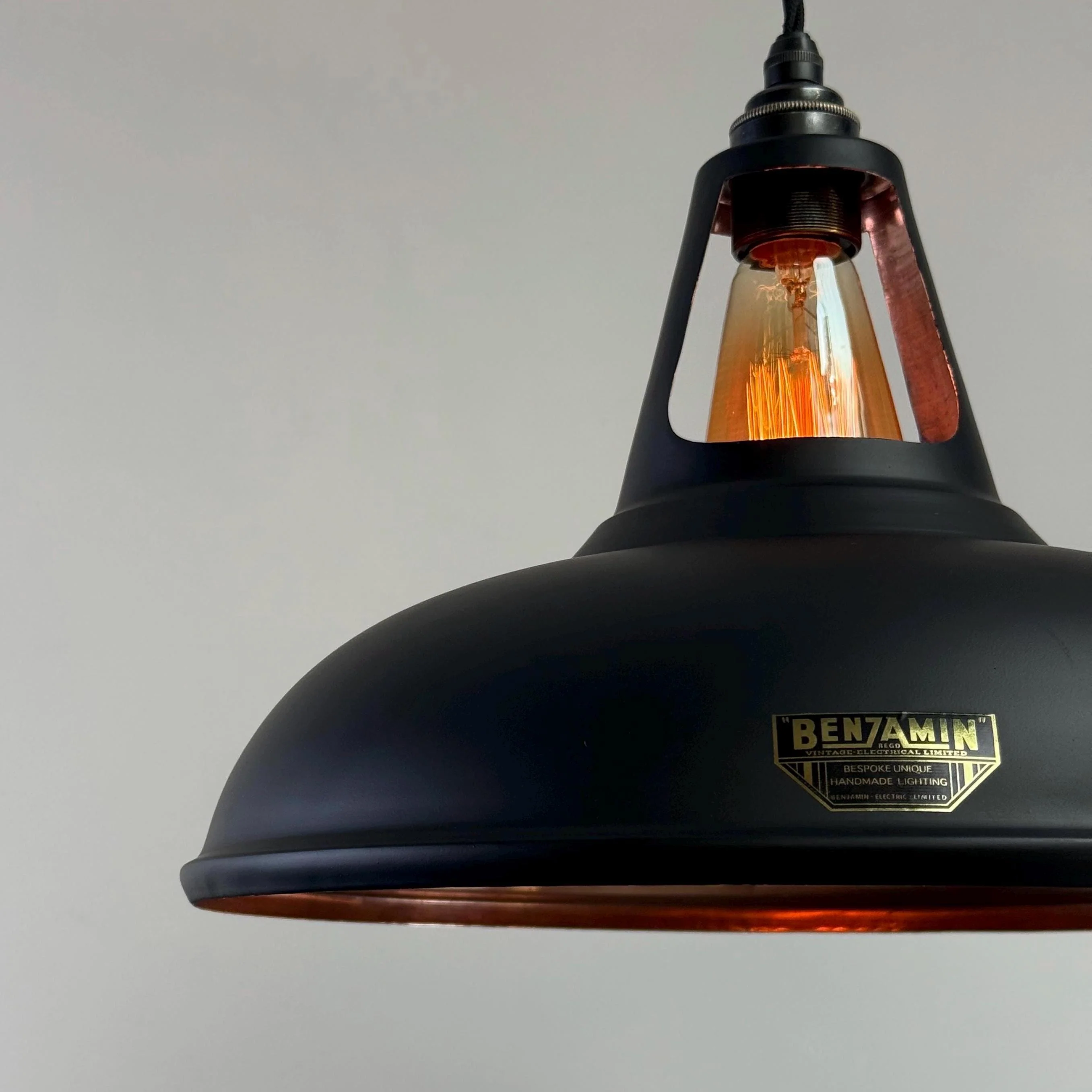 Cawston XL ~ Matt Black & Solid Copper Lampshade Slotted Design Pendant Ceiling Light ~ 14 Inch - Image 5