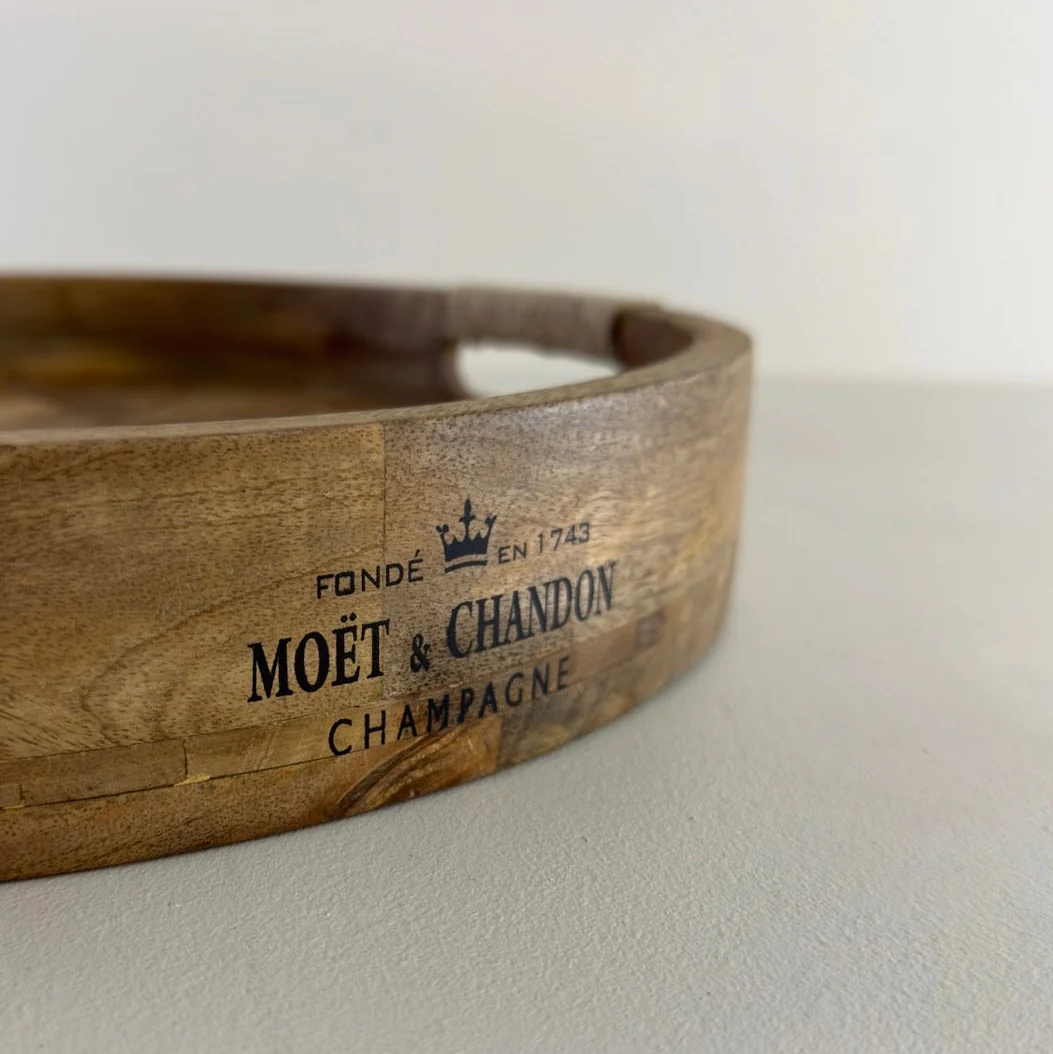 Moët & Chandon Champagne Medium Round Wooden Serving Tray Natural Wooden Patchwork - Image 2
