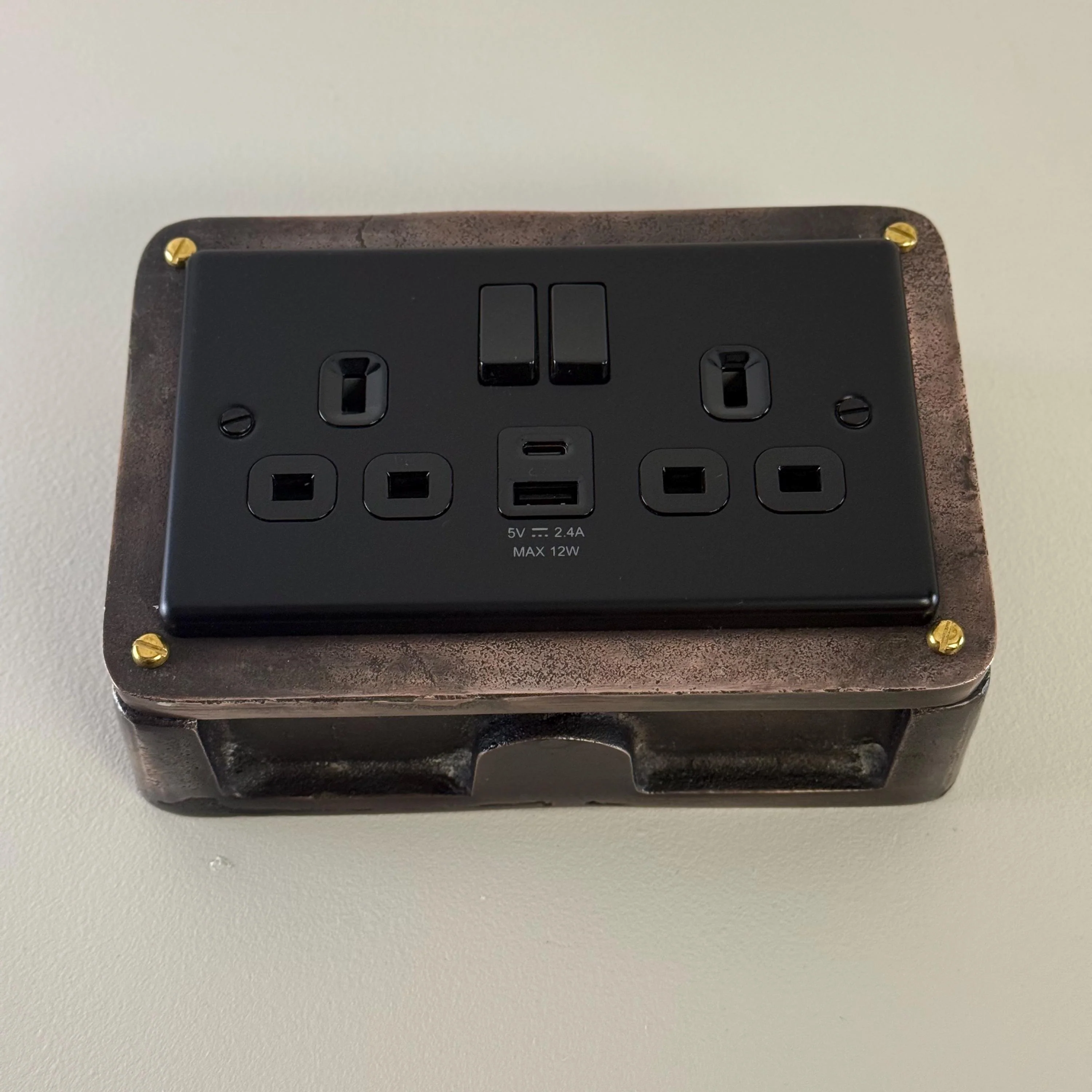 Matt Black Double Gang Plug Socket with Industrial Antique Copper Back Conduit Box - Image 2