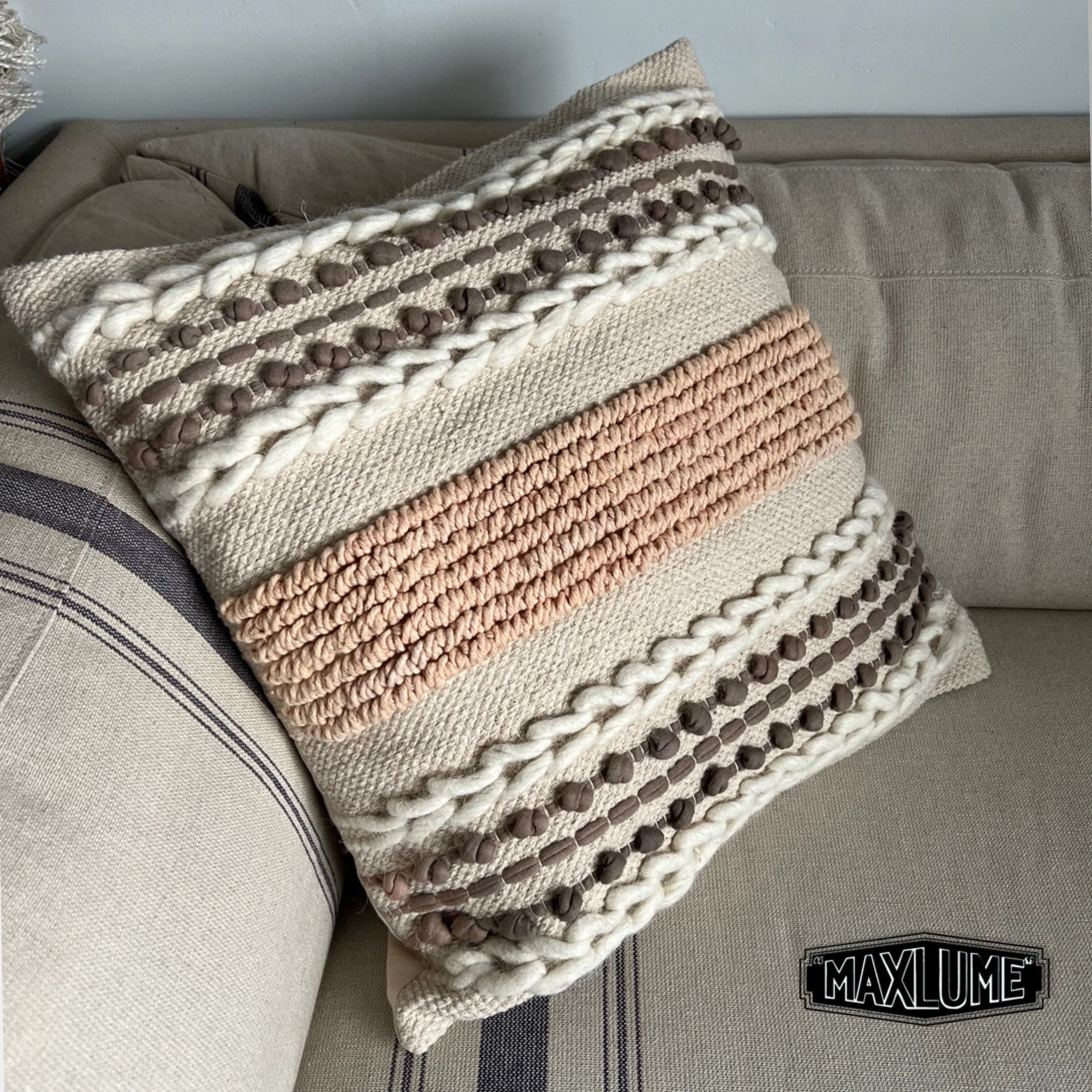 Handwoven Textured Stripe Cushion Cover - Blush & Natural - Image 3
