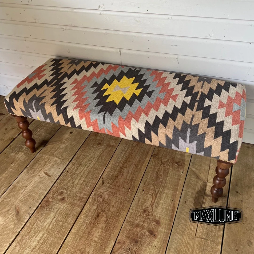 Geometric Kilim Ottoman Bench Stool Solid Handcrafted - Image 4