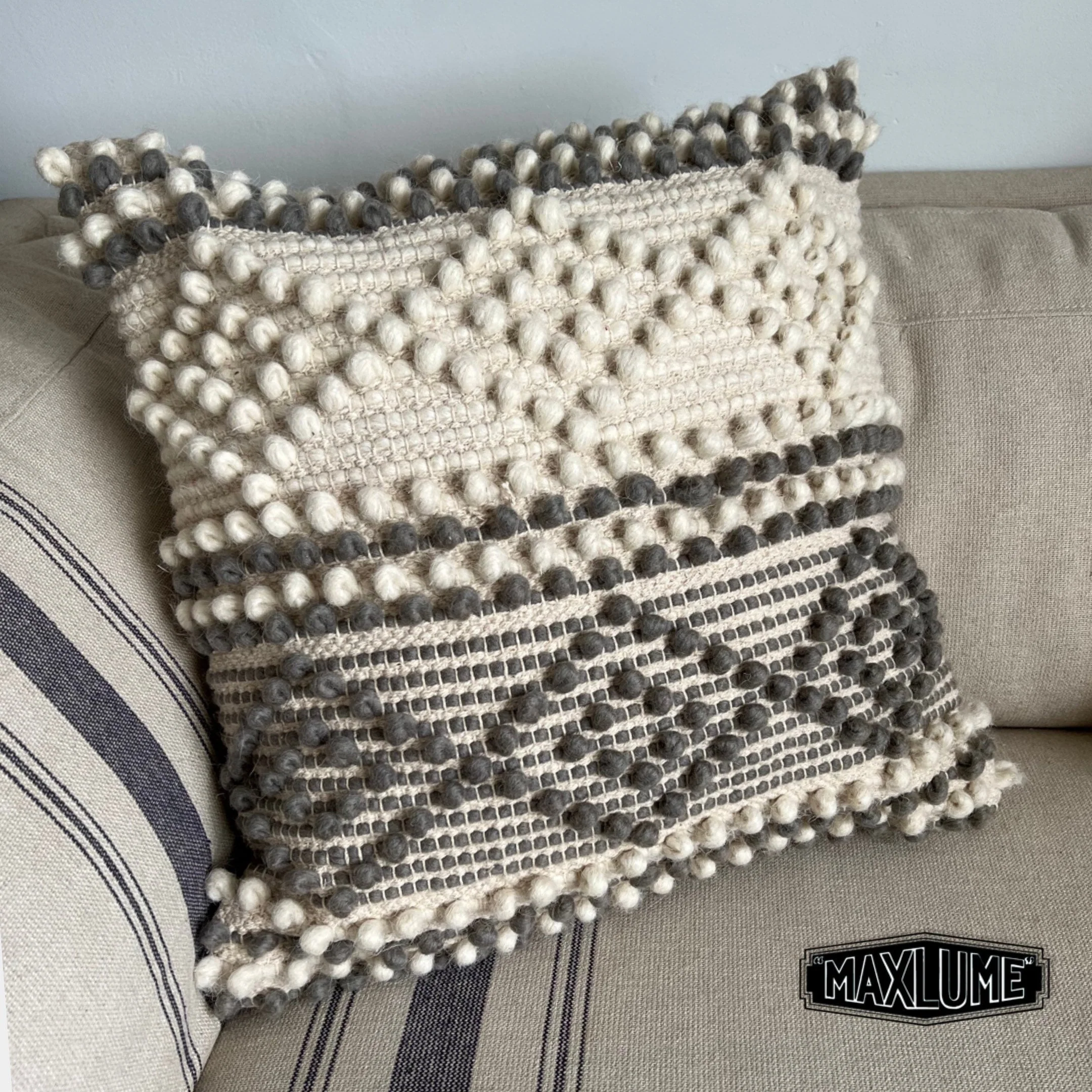 Handwoven Textured Pom-Pom Cushion Cover - Cream & Charcoal Grey Geometric - Boho Neutral Pillow
16x16 - Image 2