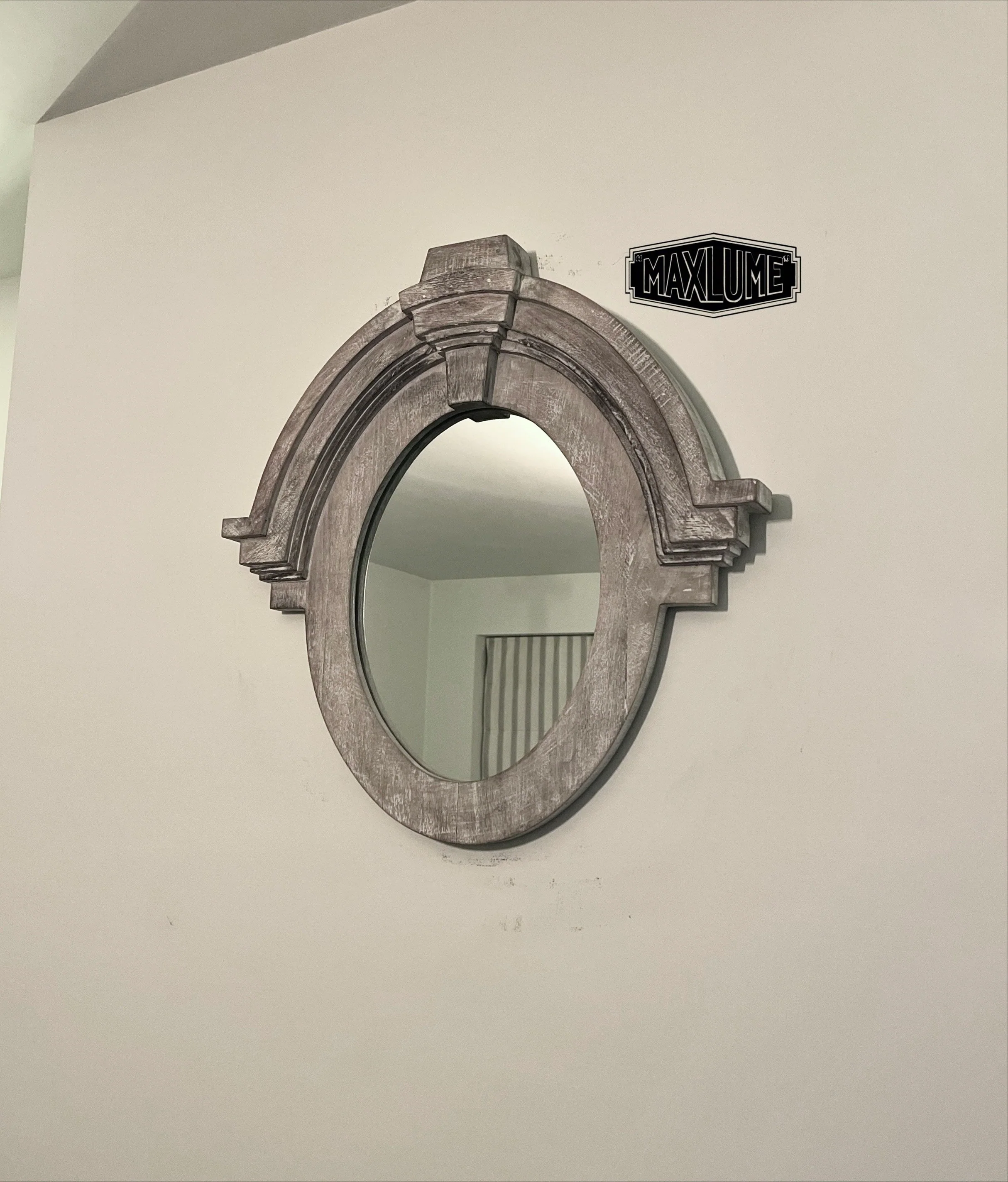 Mansard Architectural Oval Wall Mirror - Distressed Grey Wood Frame - Image 7