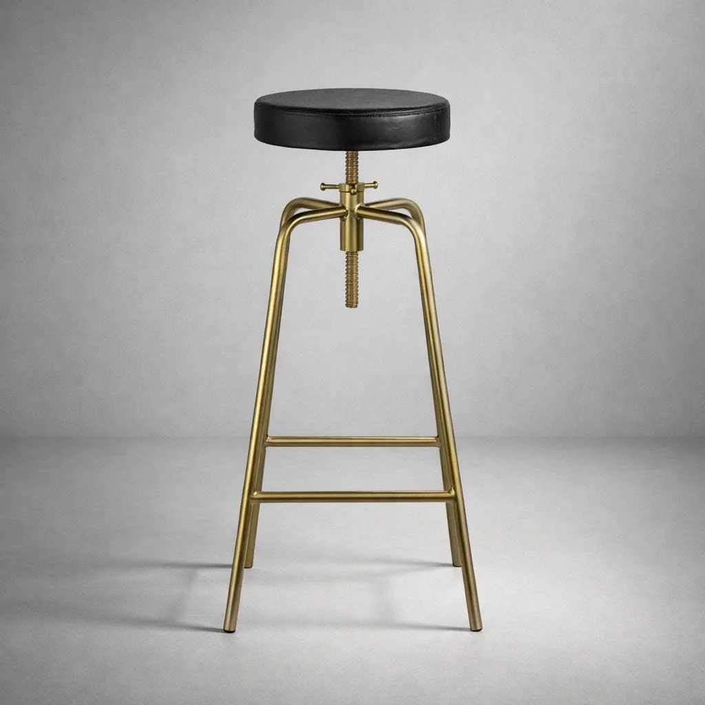 Brass Bar Adjustable Stool Black Leather Top Seat | Vintage Industrial Style - Image 2