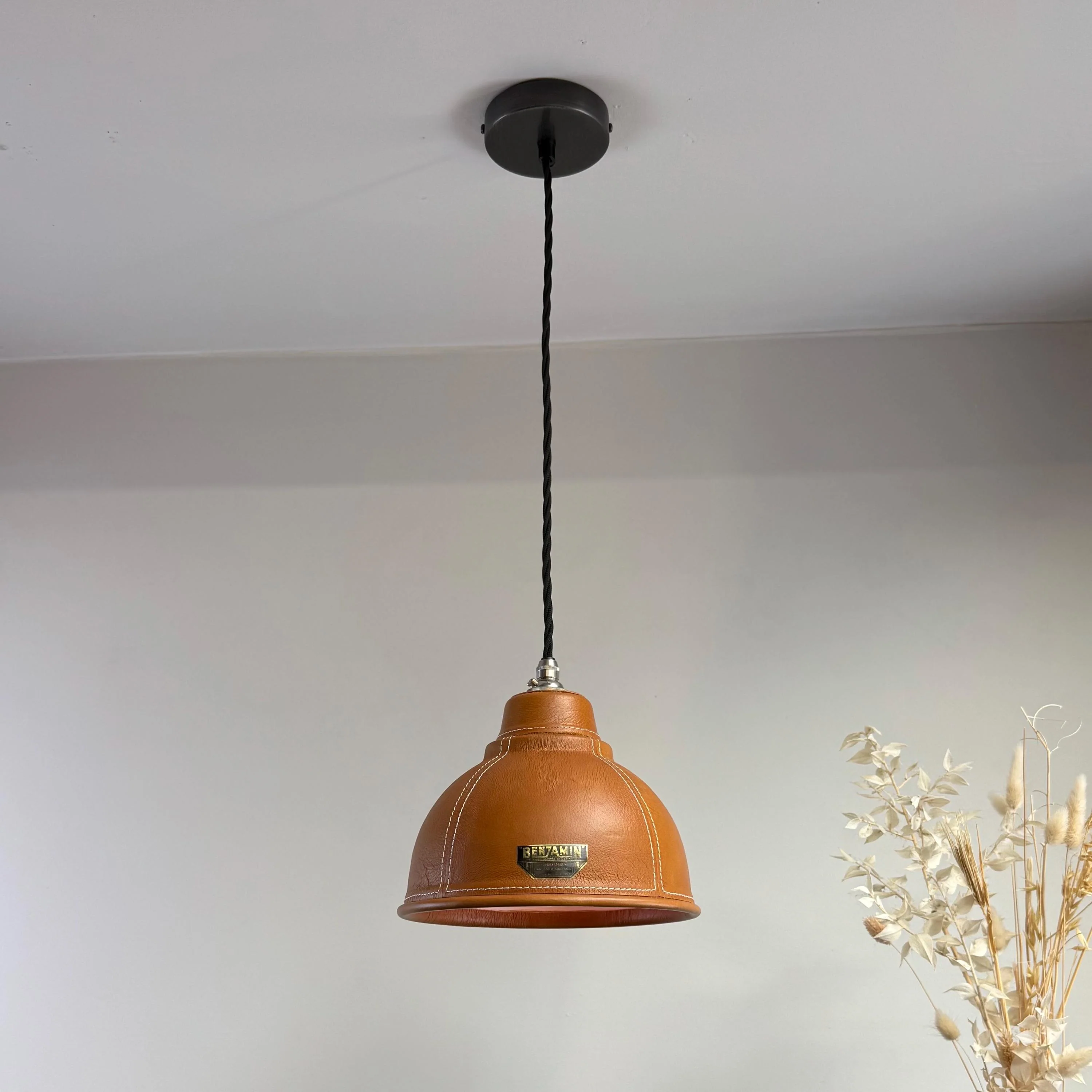 Trimingham ~ Real Genuine Leather Hand Stitched Solid Lampshade Pendant Set Light ~ 8.5 Inch - Image 4