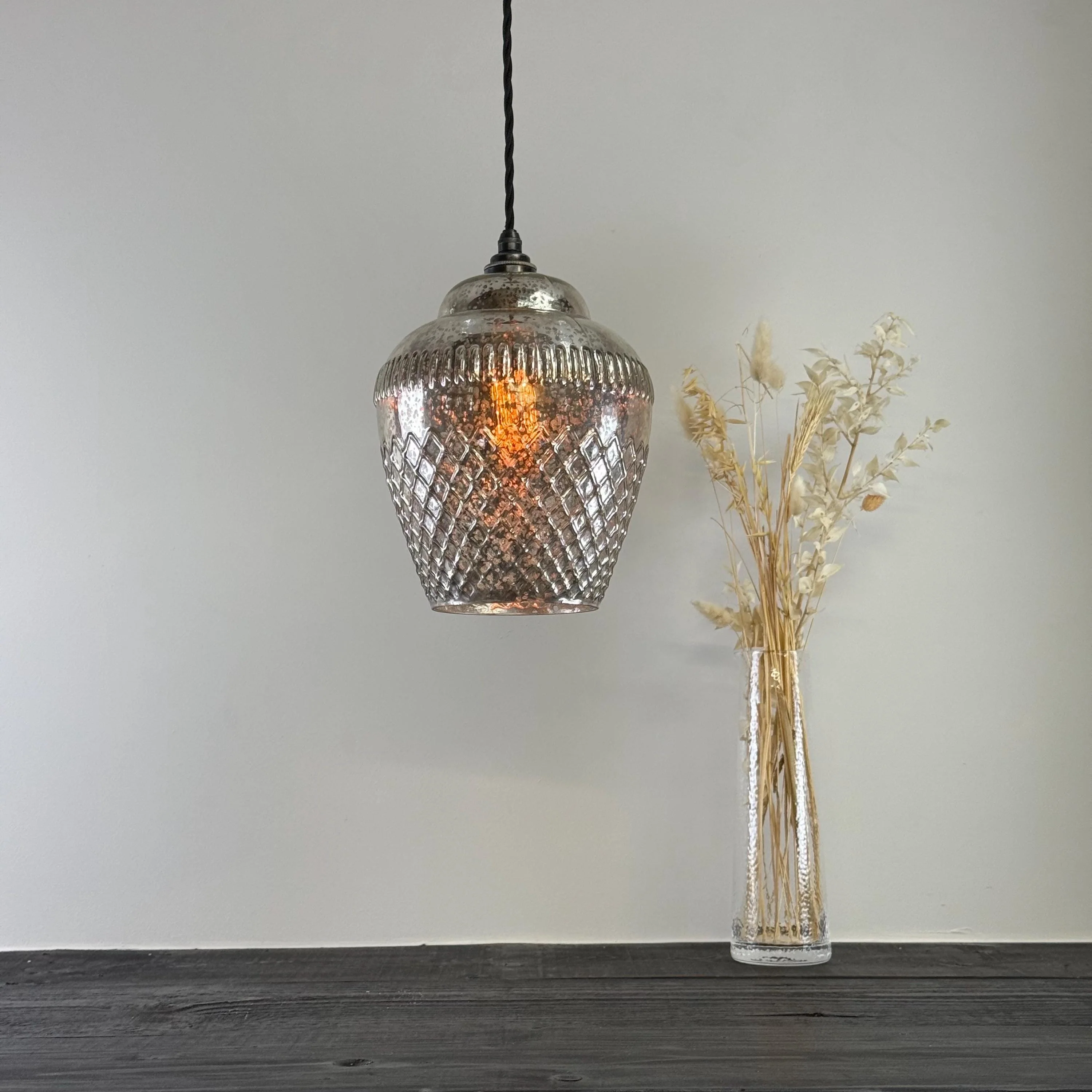 Vintage Mercury Glass Pendant Light Handcrafted Diamond Cut Hanging Lamp - Image 2