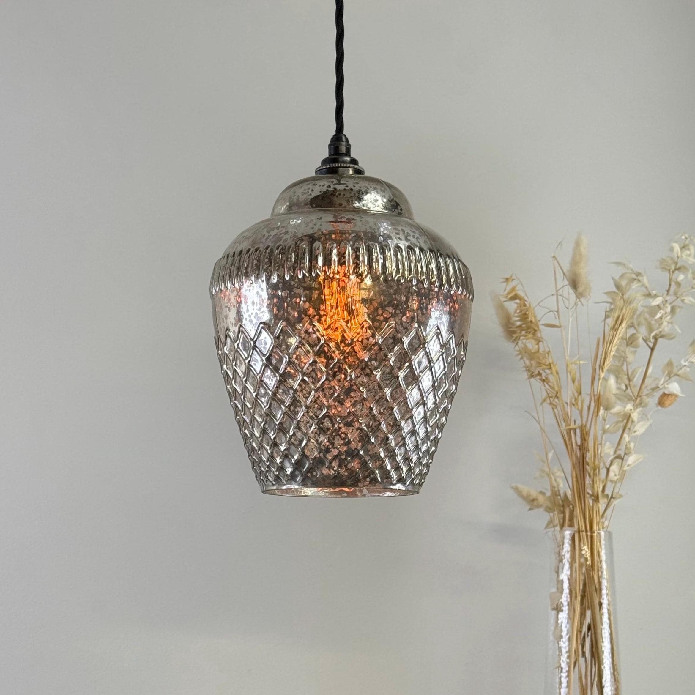 Vintage Mercury Glass Pendant Light Handcrafted Diamond Cut Hanging Lamp - Image 3