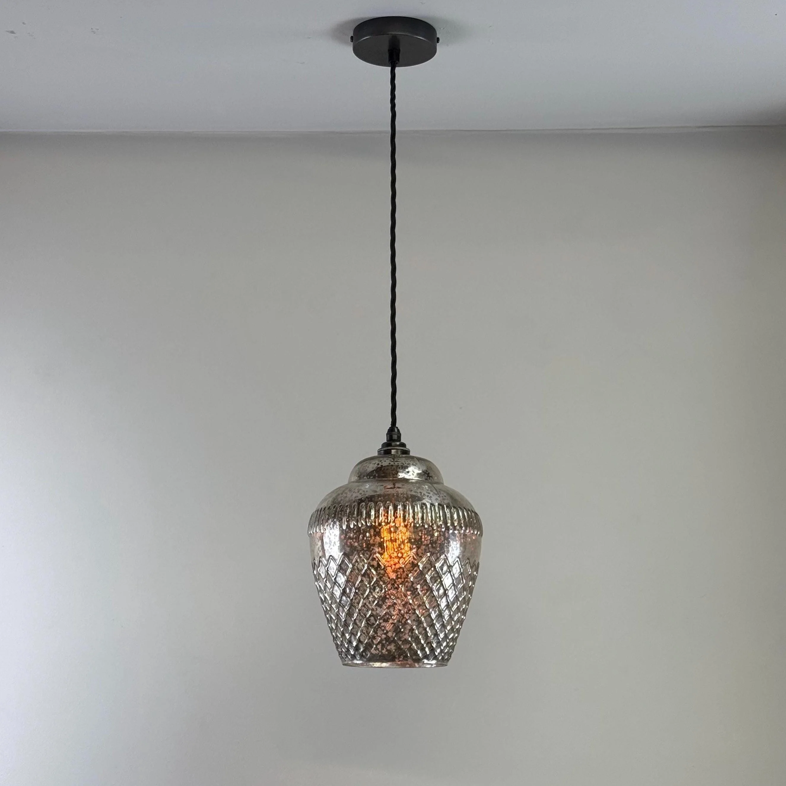 Vintage Mercury Glass Pendant Light Handcrafted Diamond Cut Hanging Lamp - Image 4