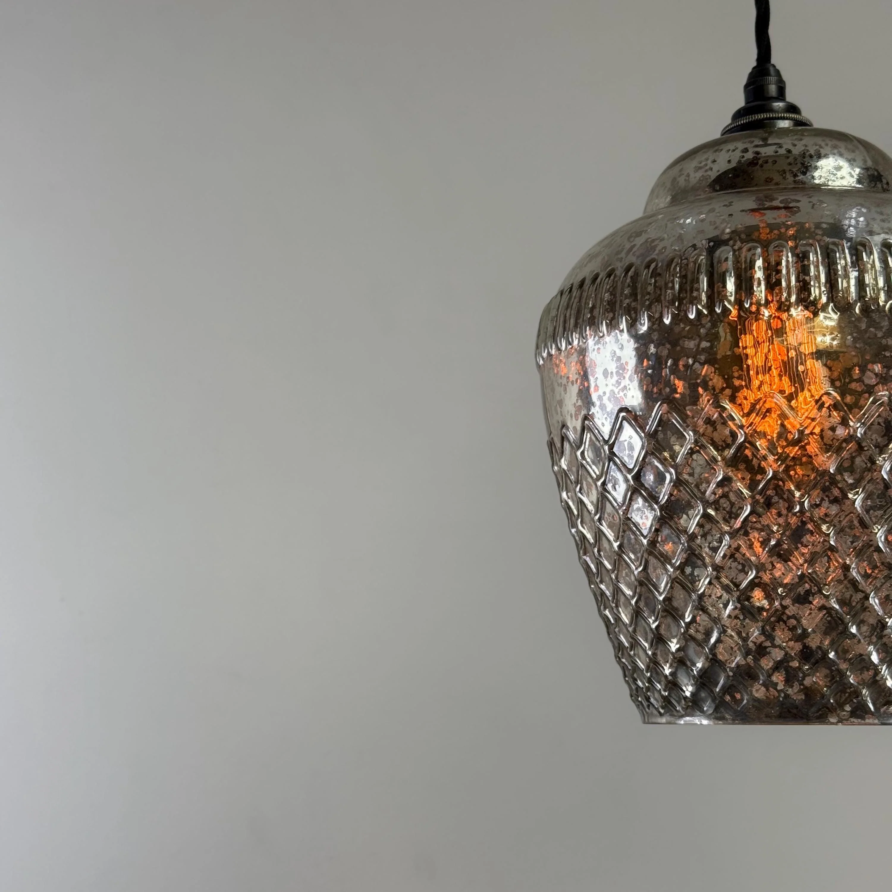 Vintage Mercury Glass Pendant Light Handcrafted Diamond Cut Hanging Lamp - Image 5