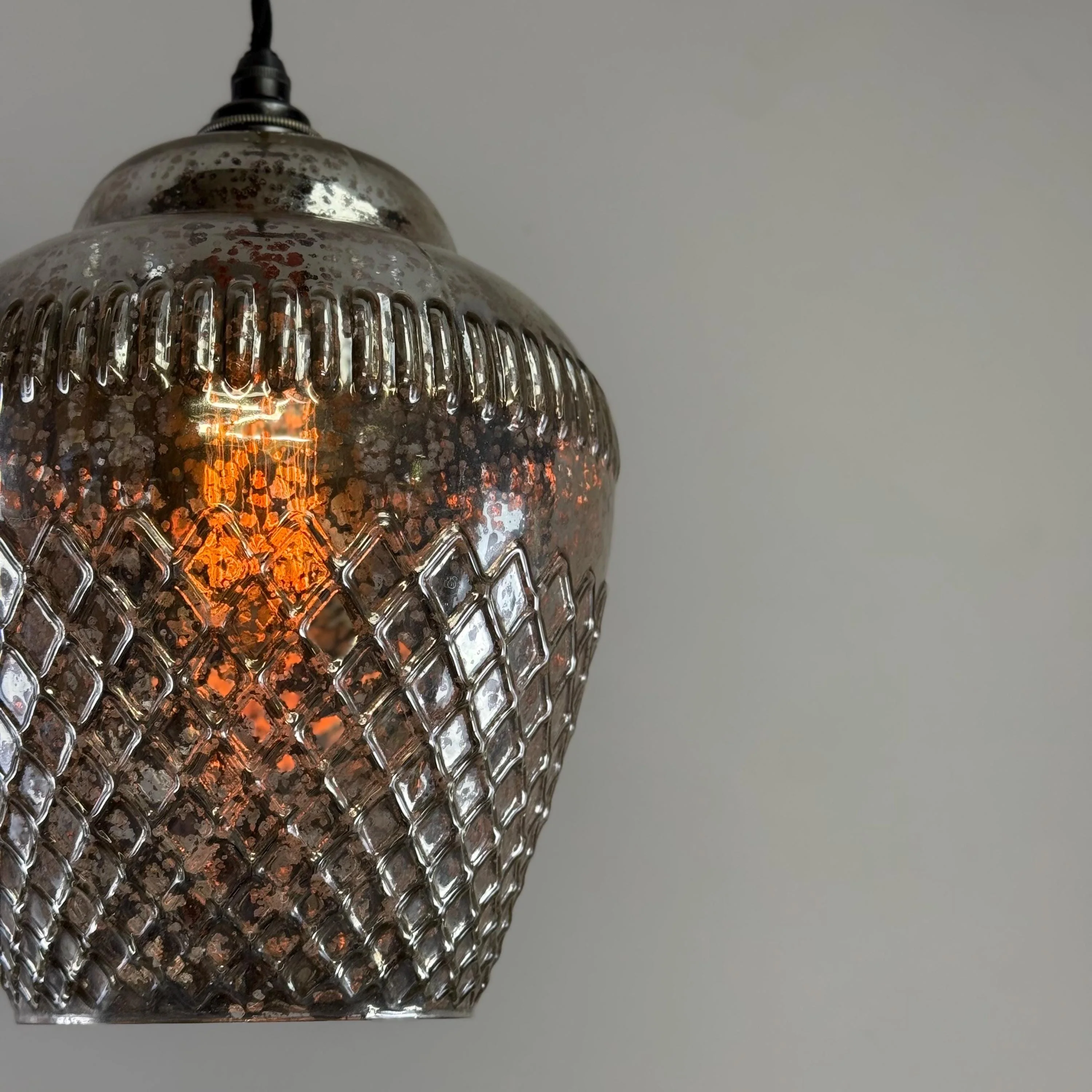 Vintage Mercury Glass Pendant Light Handcrafted Diamond Cut Hanging Lamp - Image 6